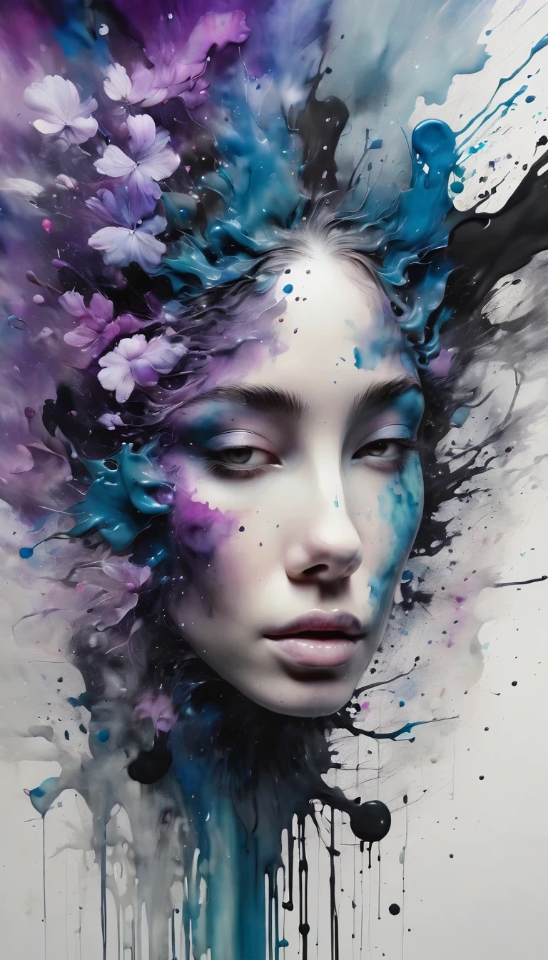Colorful beautiful woman: Black ink flow: 8k resolution photorealistic masterpiece: author：Aaron Hawkey and Jeremy Mann: Complex and detailed fluid gouache painting: author：John Baptist Monger: calligraphy: acrylic fiber: watercolor art, Professional photography, natural lighting, Volumetric lighting minimalist photo illustration: author：Marton Bobzeit: Intricate 8k resolution concept art, complicated, elegant, Broad, fantastic