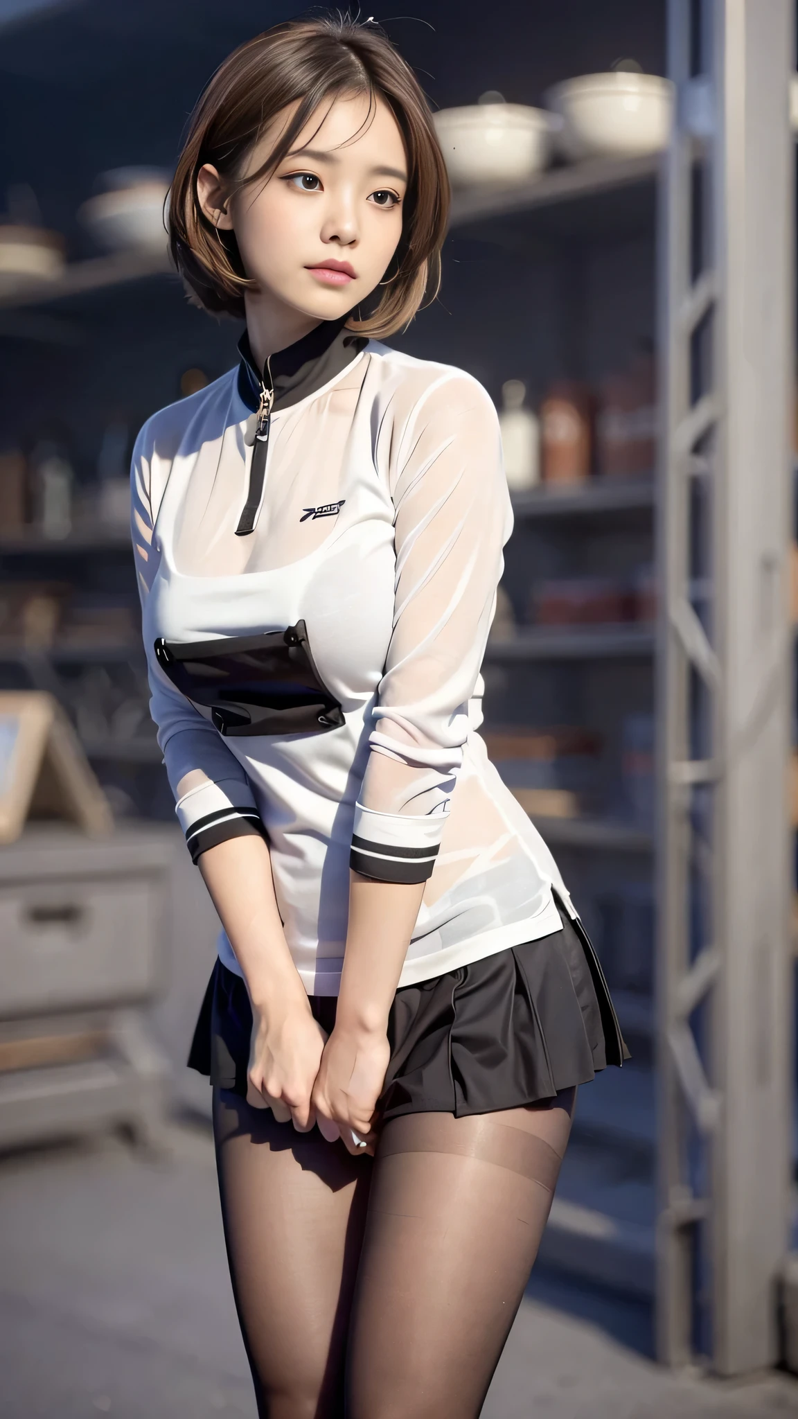 top-quality, masterpiece, high-detail, 16k picture quality, gravitation, charisma, glamorous, Beautiful , Light brown medium hair, beautiful eyes of light brown, Uniforms, White blouses, Black pantyhose, White panties showing through pantyhose, plump big breasts, Large breasts that hang down by gravity, blushing, She Looking at the camera, Enraptured look, Opening legs, evening classroom, Bright red sky.
