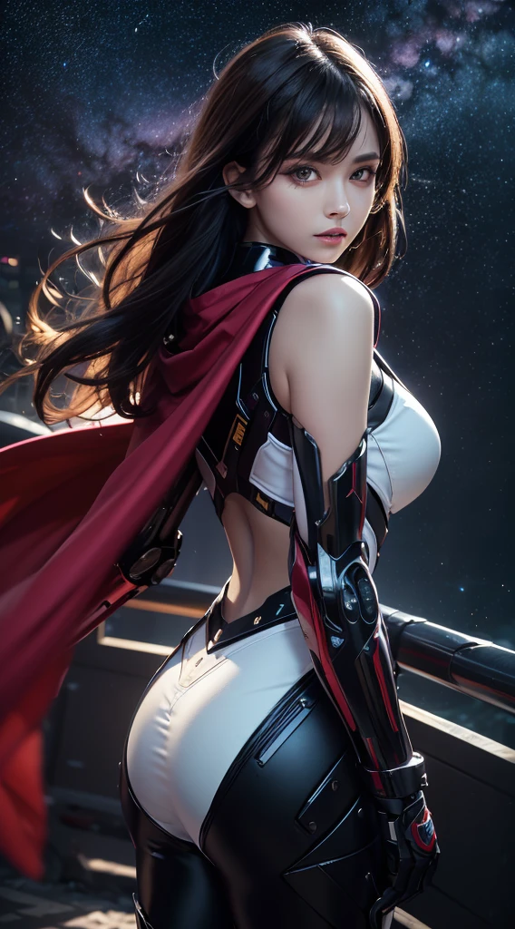 1girl, solo, light blue eyes, brown hair, holding a crossbow, (HP: 1), running under the starry sky, full body, white|infrared suit, dullyarts, dust background details, eye details, ore disease lesions\(tomorrow Ark\), (realism: 1.4), official art, unreal 8k wallpaper, super detailed, beautiful and aesthetic, masterpiece, best quality, (dynamic angle: 1.4), (floating colorful sparks: 1.2), AND ((the The most beautiful form of chaos)), elegance, bright colors, romanticism,