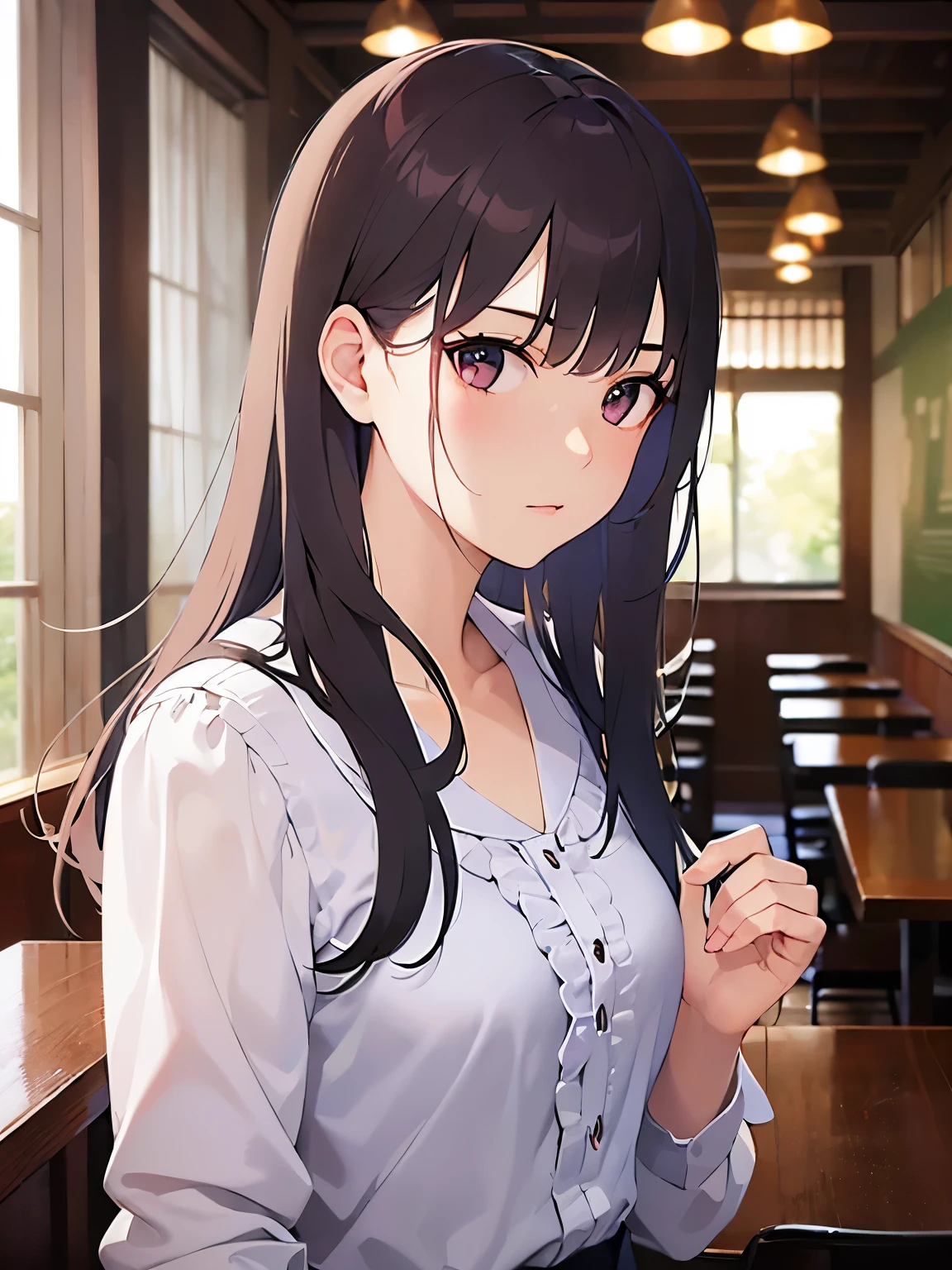 side angle, (looking away:1.5、Upper Body, Realistic, real person, RAW photo, photorealistic, portrait photography, shiny skin, japanese idol、（A 25-year-old woman with light chestnut-colored bangs） and (medium hair) and (pink eyes), (white ruffle plane blouse:1.2) and (long sleeve)、annoyed, The background is the interior of the restaurant.、Are standing、Alone、