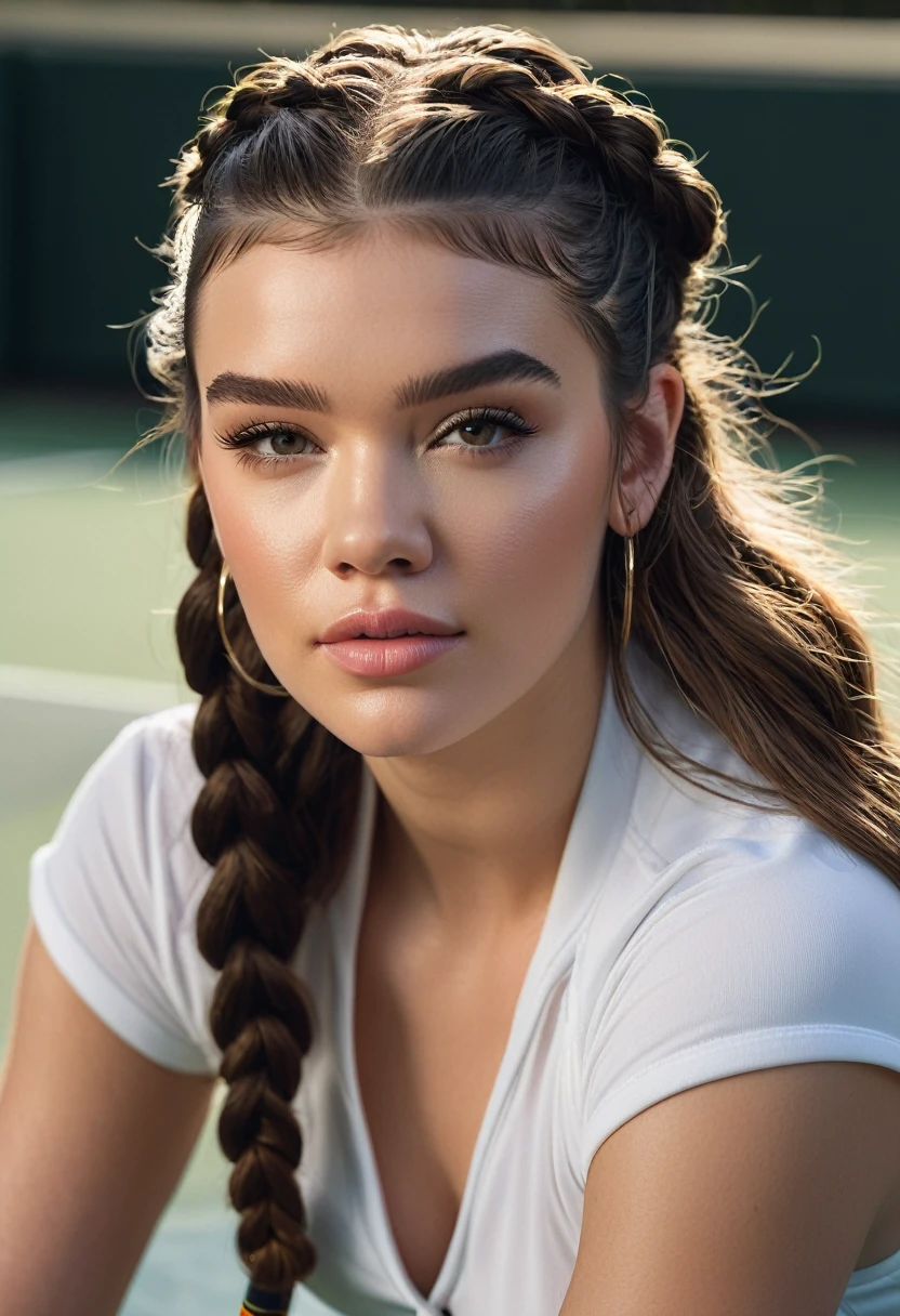 Hailee Steinfeld, beautiful woman, player's perspective, f/2.8, 50mm, Leica, Braids, (Masterpiece, Top Quality, High Resolution:1.4), 1 girl, 30 years old, large breasts, angel, abs, skin pore texture, HD 4K, 8K, photo, cinematic, (full body photo:1.1), medium shot, realistic, (8K, RAW photo, Top Quality, Masterpiece:1.2), (realistic, photo-realistic:1.33), best quality, detailed eyes, cute, natural light, depth of field, film grain, wrinkled skin, sharp, detailed and realistic woman, ruffled lips, perfect teeth, soft natural light, photography, magic photography, dramatic lighting, photorealism, super detailed, sitting on a bench in a tennis court, (wearing sexy tennis outfit), holding a tennis racket, (background tennis court: 1.3)