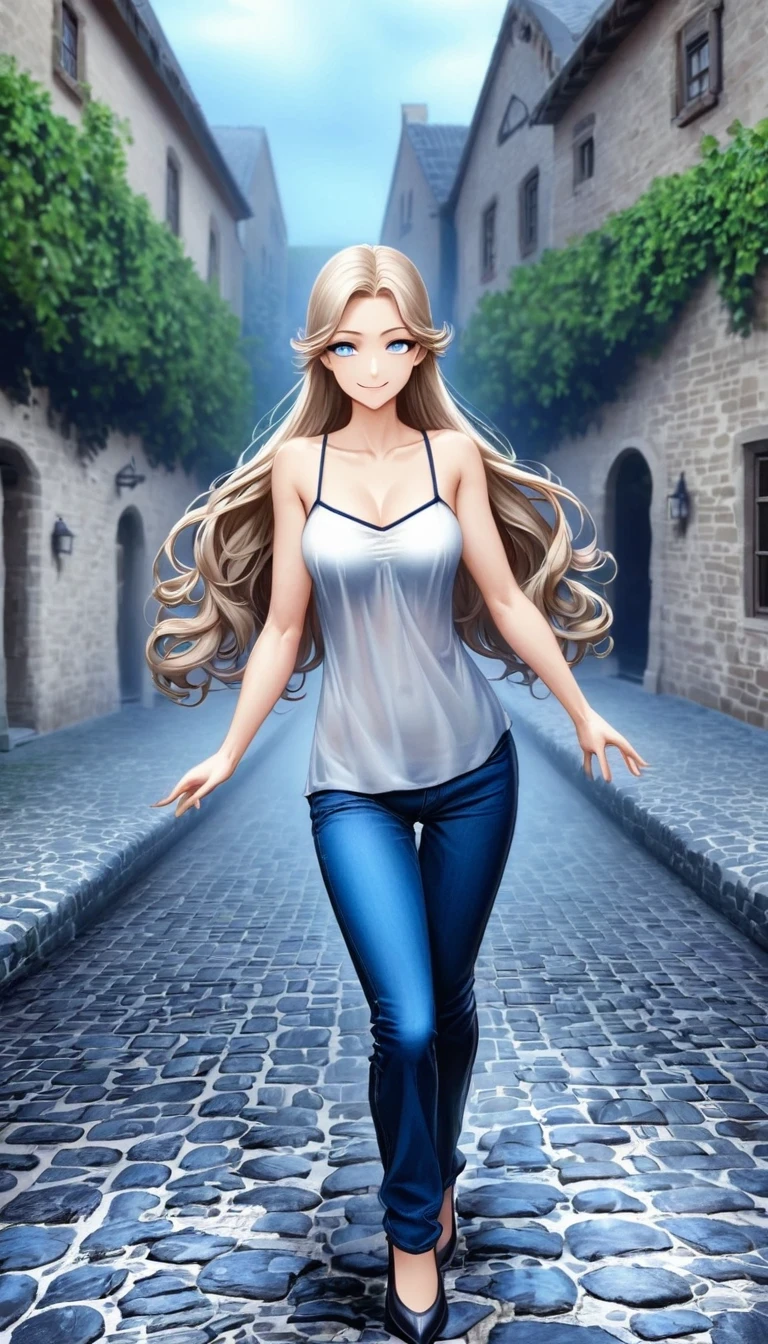 dark blonde、blue eyes、half length、The hair is wavy、Styling hair、Slender but well-proportioned muscles、a smile、wearing a camisole、wear high heel shoes、Wearing low-rise pants,The ground is cobblestone、a smile、Breasts are big、