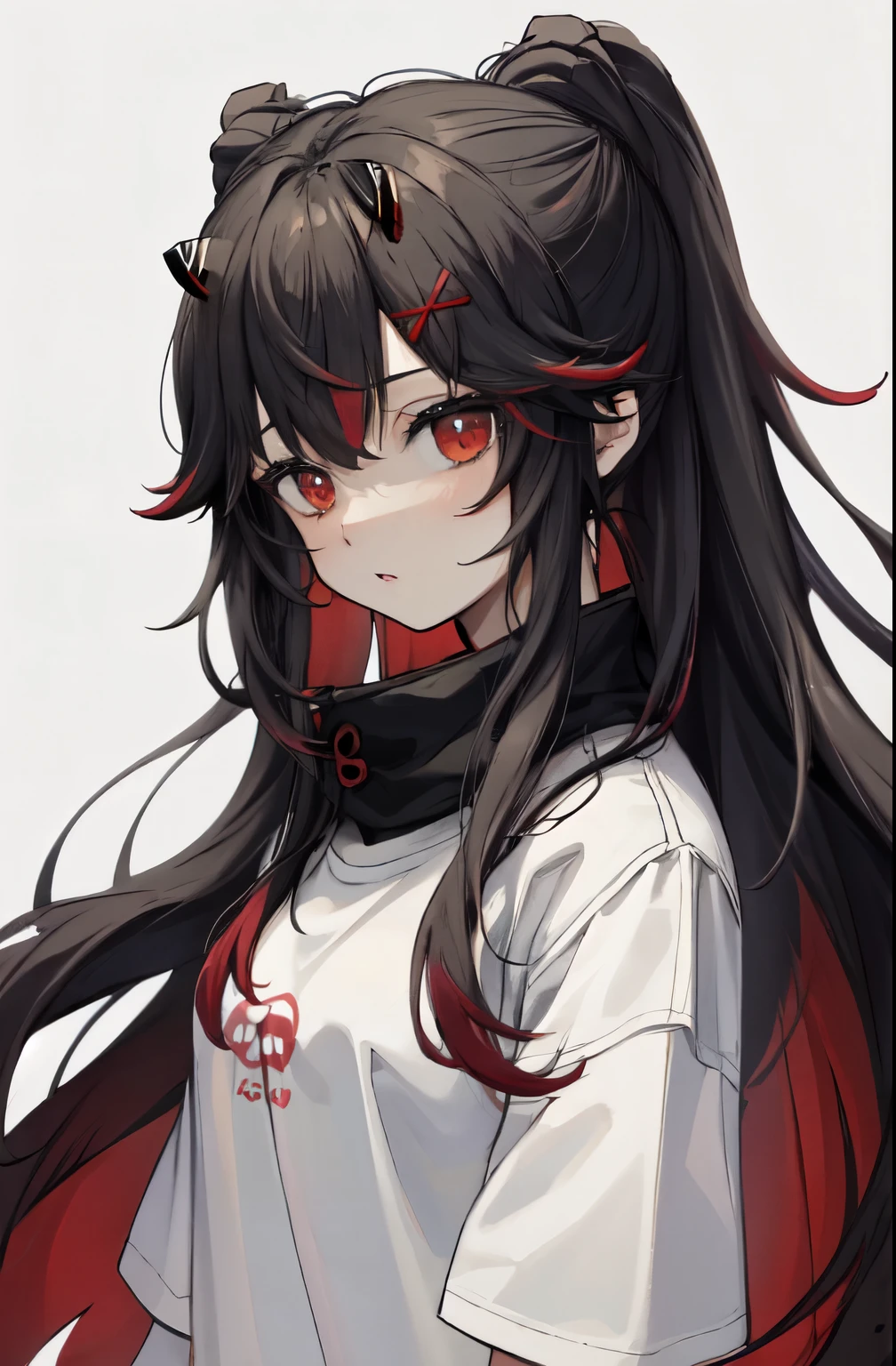 two-tone hair, black hair, red hair, red eyes, horns, very long hair, fluffy hair, disheveled hair, x hair ornament, space
BREAK upper body, white t-shirt
