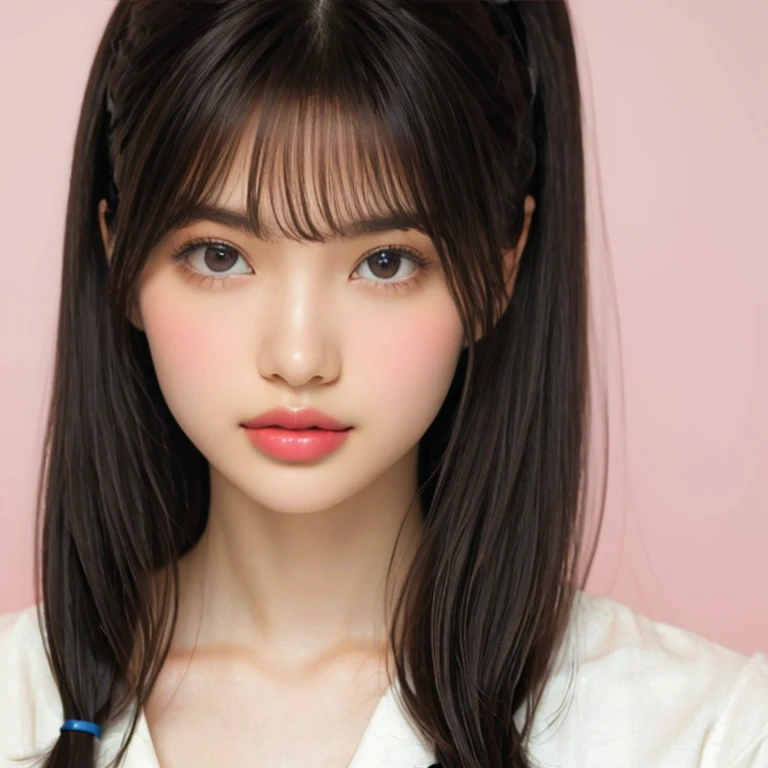 (tmasterpiece), (Best quality at best), (ultra - detailed),(ldisheveled hair),(illustratio), (1个Giant Breast Girl), (Fashion clothing), Permanent, A fashion model, looking at viewert, (Interview), (simple backgound),Beautiful and delicate eyes, exquisite and beautiful face, floating,(high saturated),(colorful splash),Colorful bubbles,(Shiny), Focus on the face,  pony tails, Ayaka Kamisato, lightblue hair, By bangs, hair loops, floating flowers, floatinghair, (Shiny), best illuminate, The best shadow,