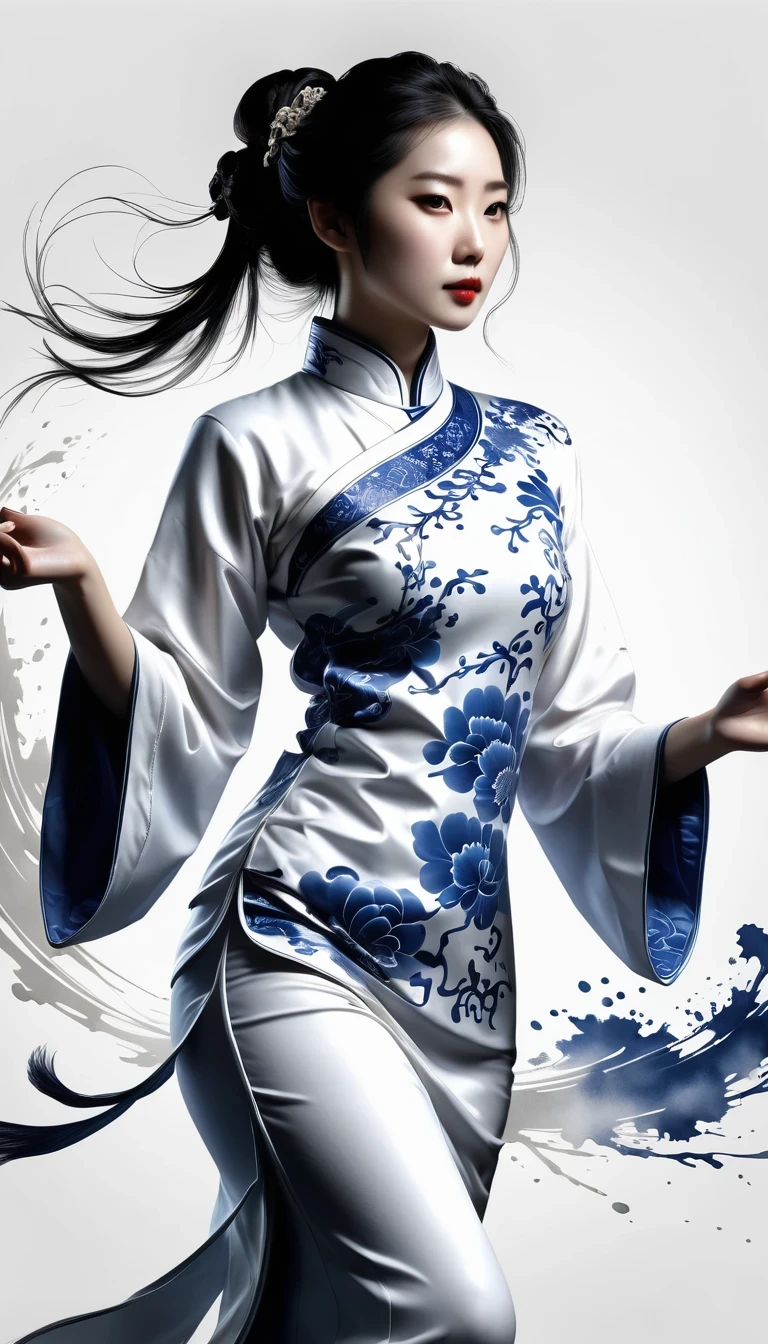Chinese Taoist Elements,(pencil_sketch:1.2, messy lines, Grayscale, traditional media, sketch),Blue and white porcelain cheongsam, Black and white Yin Yang Tai Chi background, Gangster girl, backlight, Deep shadows, silhouette light, Charming suit cheongsam design, minimalist style, Tai Chi, Yin Yang style, ink splash style background., chiaroscuro, glowing light, backlighting, Motion line, Carl Larson, ultra high definition, anatomically correct, masterpiece, retina, ultra high definition, masterpiece