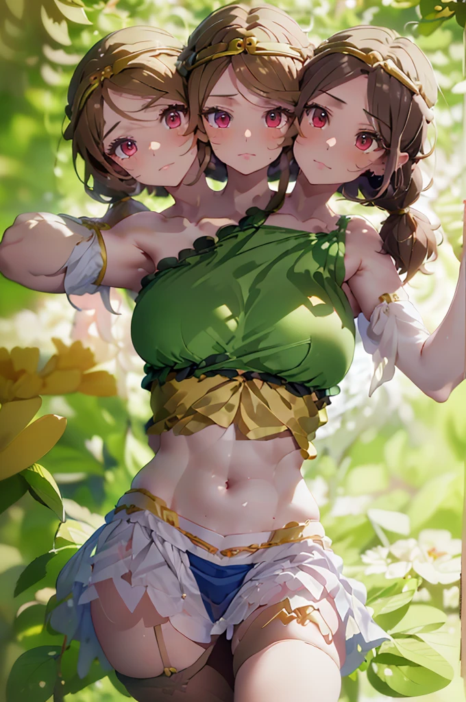 (masterpiece, best quality), best quality, (ultra-detailed), (3heads:1.5), 1girl, (son biten:1.3), masterpiece, best quality, ultra quality, ultra resolution, lime, orange, and blue top, crop top, ((stomach)), midriff, ((groin)), lime, orange, and blue skirt, normal ears, shackles, short brown hair, very long hair, wavy hair, sidelocks, crimson eyes, detailed eyes, parted lips, headband, sweat, cute, toned belly, hand on own chest, eyelashes, (25 year old woman:1.3), (masterpiece:1.5), (best quality:1.5), (beautiful detailed extremely detailed CG, extremely delicate and beautiful, depth of field, (finely detailed face), (perfect details:1.2), (mature female:1.3), wide pelvis, slender, large veiny breast, 16k resolution, highres, high quality, high definition, extremely detailed, masterpiece, short brown hair, long hair, alluring presence, braid, short skirt, close up, big , young, bob cut, pigtails, monkey tail,