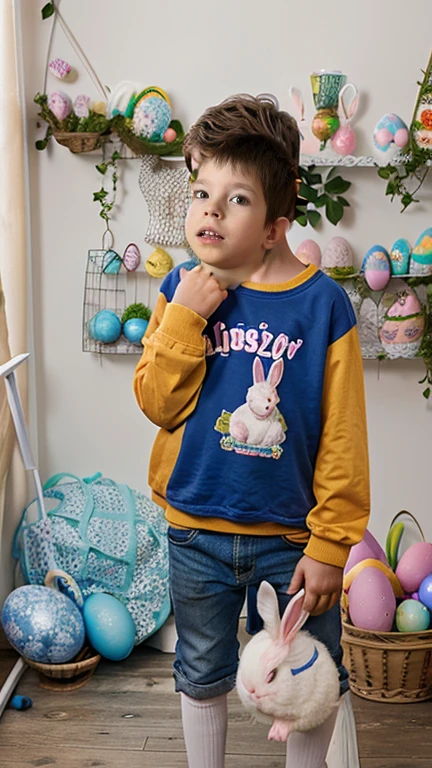 A 10-year-old boy stands with an Easter bunny in his hands, photo studio, Easter, Easter eggs, (((live rabbit))))in hands)))