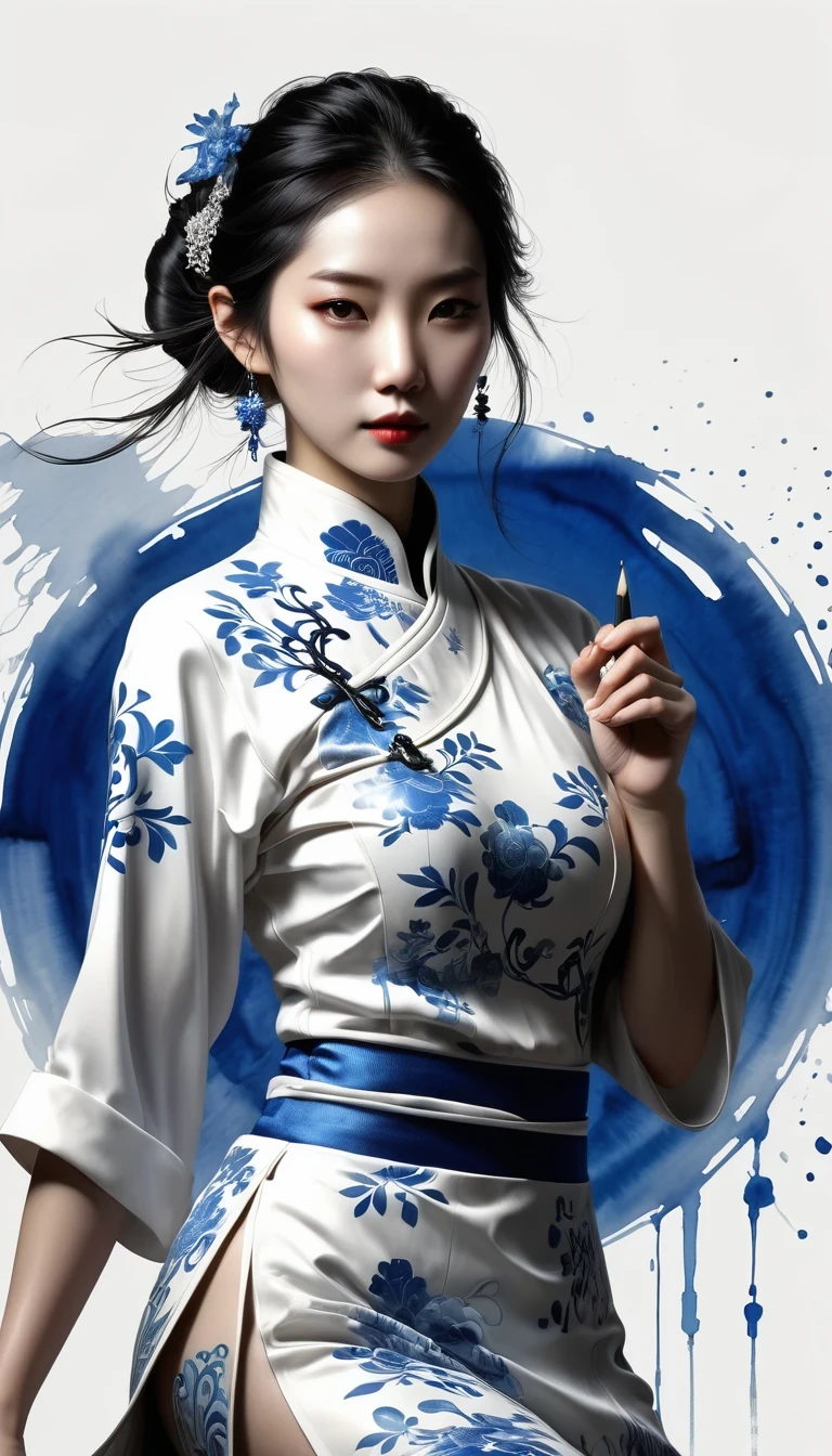 Chinese Taoist Elements,(pencil_sketch:1.2, messy lines, Grayscale, traditional media, sketch),Blue and white porcelain cheongsam, Black and white Yin Yang Tai Chi background, Gangster girl, backlight, Deep shadows, silhouette light, Charming suit cheongsam design, minimalist style, Tai Chi, Yin Yang style, ink splash style background., chiaroscuro, glowing light, backlighting, Motion line, Carl Larson, ultra high definition, anatomically correct, masterpiece, retina, ultra high definition, masterpiece