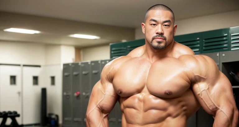(glaring naked bodybuilder:1.4), (at locker room:1.4), 40's, (Japanese face:1.4), (Korean face:1.4), (Chinese face:1.4), (Taiwanese face:1.4), manly face, fat face, (round face:1.4), (monolid eyes:1.2), (buzz cut:1.5), very large and strong body, bulky body, beefy muscles, (bulging muscles:1.4), (very large pectoral muscles:1.4), (muscular arms:1.4), muscular abs, muscular legs, muscular back, bright oily skin, (realistic:1.2), distant view