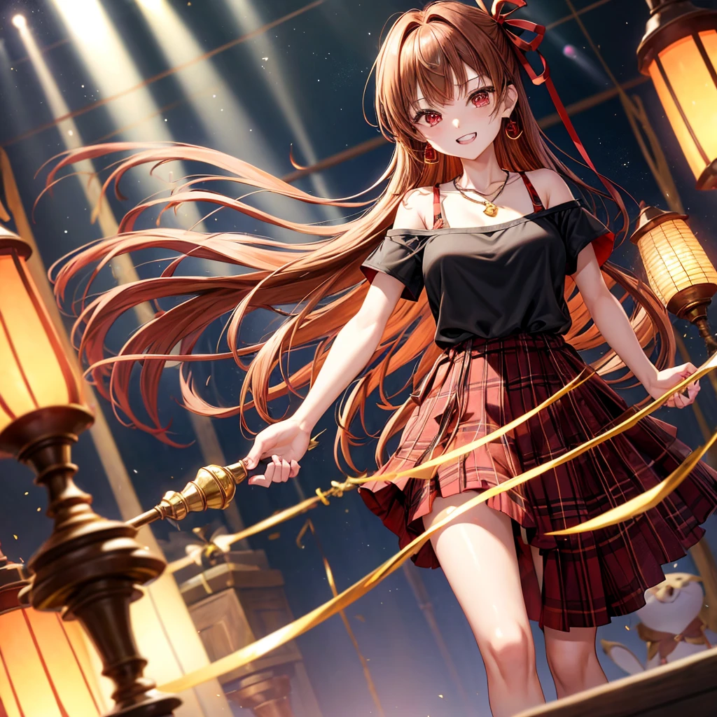 reddish-brown golden hair、red eyes、one good looking girl、solo、anime、plaid mini skirt、black camisole、black t-shirt、dress、wearing a ribbon、ribbon at waist、crystal earrings、jewelry necklace、Light and shadow、tilting one's face、teeth are visible、pillar、torches、evil looking face、Kuroko、Den-den drum、grassland