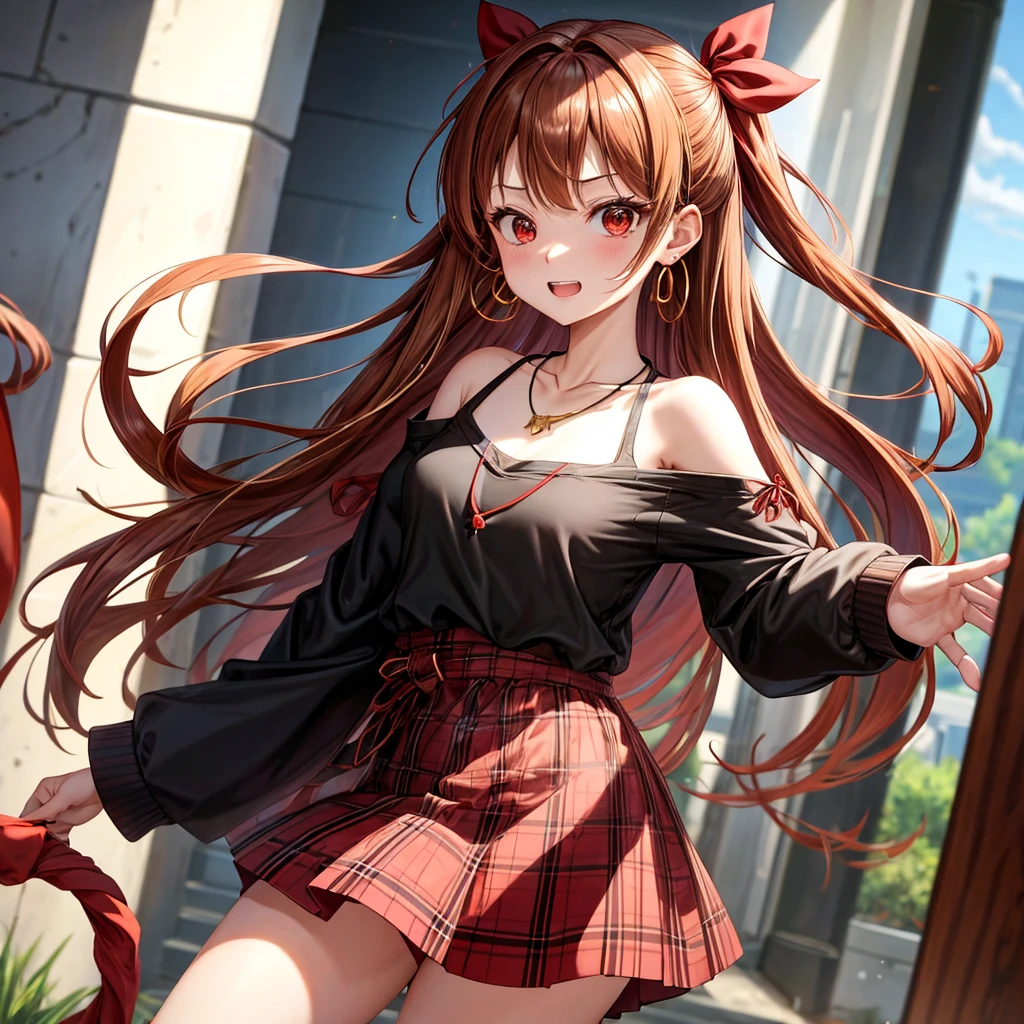 reddish-brown golden hair、red eyes、one good looking girl、solo、anime、plaid mini skirt、black camisole、black t-shirt、dress、wearing a ribbon、ribbon at waist、crystal earrings、jewelry necklace、Light and shadow、tilting one's face、teeth are visible、pillar、torches、evil looking face、Kuroko、Den-den drum、grassland