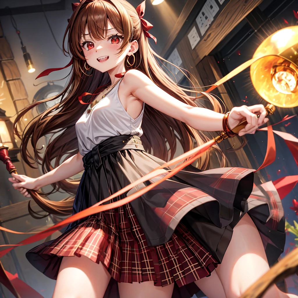 reddish-brown golden hair、red eyes、one good looking girl、solo、anime、plaid mini skirt、black camisole、black t-shirt、dress、wearing a ribbon、ribbon at waist、crystal earrings、jewelry necklace、Light and shadow、tilting one's face、teeth are visible、pillar、torches、evil looking face、Kuroko、Den-den drum、grassland