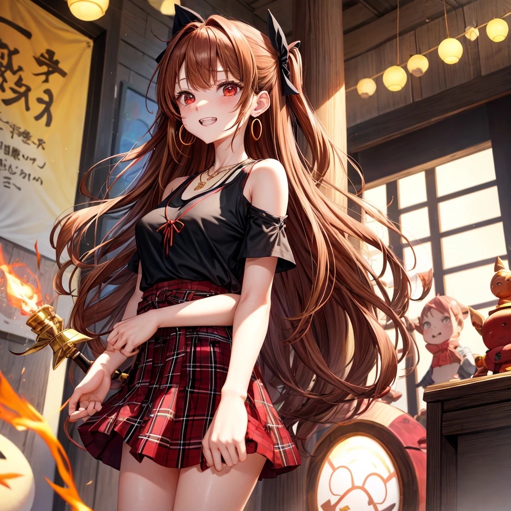 reddish-brown golden hair、red eyes、one good looking girl、solo、anime、plaid mini skirt、black camisole、black t-shirt、dress、wearing a ribbon、ribbon at waist、crystal earrings、jewelry necklace、Light and shadow、tilting one&#39;s face、teeth are visible、pillar、torches、evil looking face、Kuroko、Den-den drum、grassland