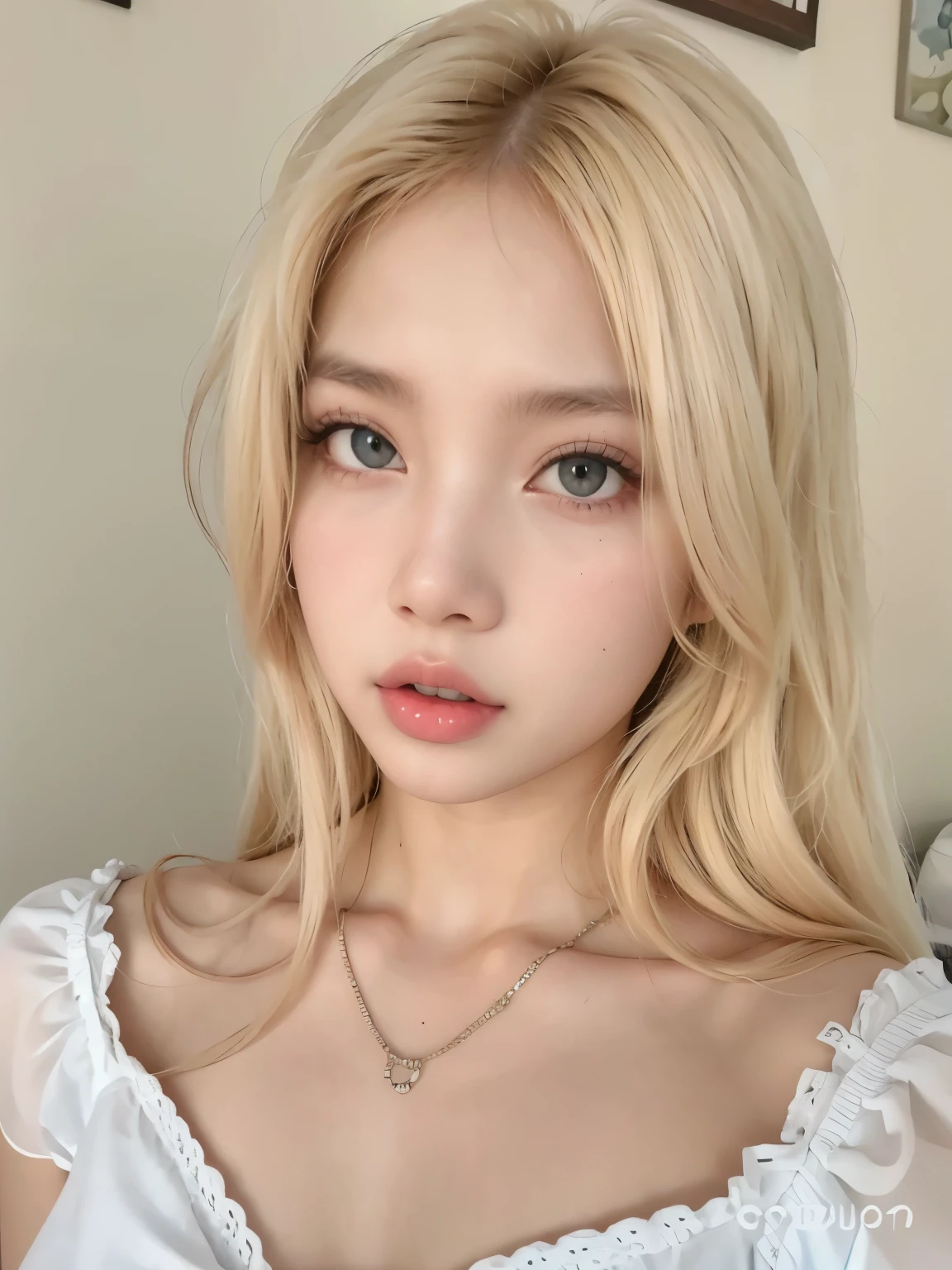 um close de uma mulher com longos cabelos loiros e uma blusa branca, maquiagem sul-coreana popular, Retrato de Jossi do Blackpink, Fotografia selfie 8k, maquiagem coreana popular, young lovely korean face,  coreana, pale milky white porcelain skin, linda jovem coreana, beautiful aesthetic face, linda mulher sul-coreana, linda jovem coreana