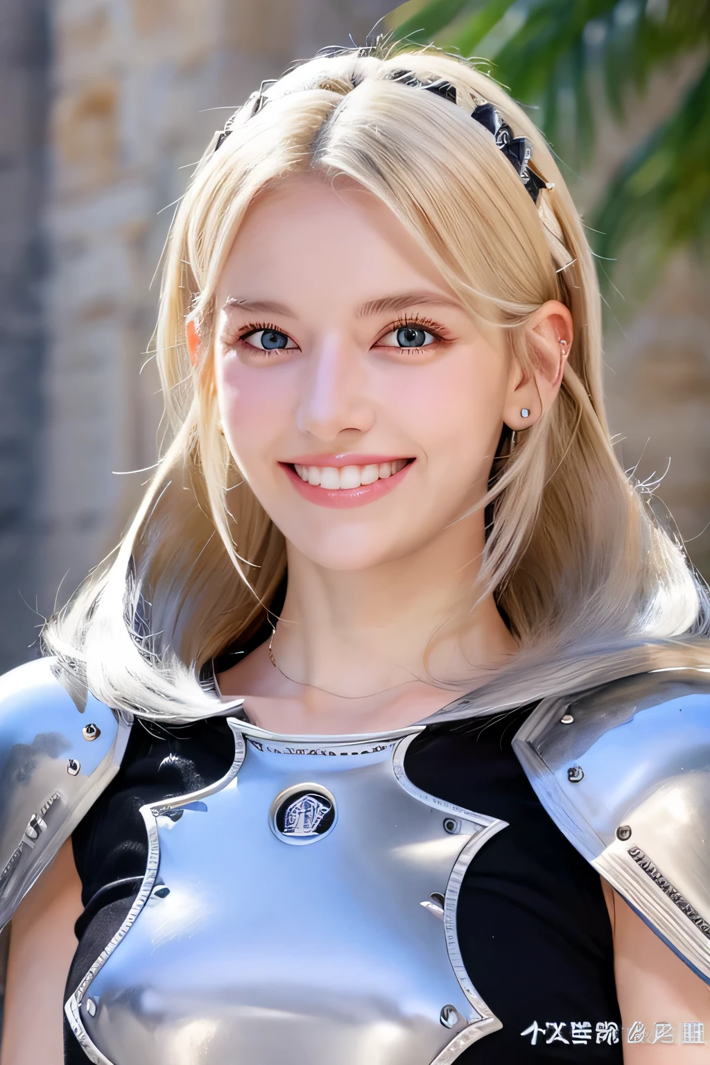 8K、highest quality、female knight、The background is a castle、Luxurious Silver Armor、heavy equipment、hairstyle shortcut、smile、beautiful teeth、full body photo、ear piercing、blonde、white woman、blue eyes、