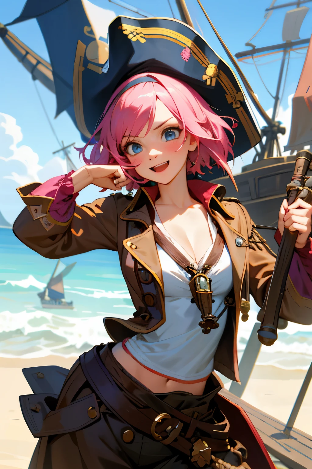 Girl, excited face, naughty face, short pink hair, blue eyes, medium breasts, pirate ship, (Captain Jack Sparrow costume)