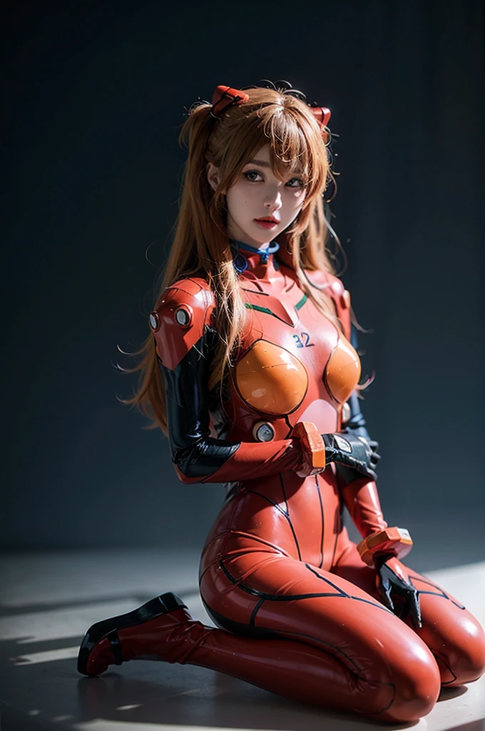 best quality, masterpiece, realistic, photorealistic, 1girl, solo, looking at viewer, full body, wariza, long hair, asuka cosplay costume, cosplay, plugsuit, bodysuit, hair ornament, simple background, 