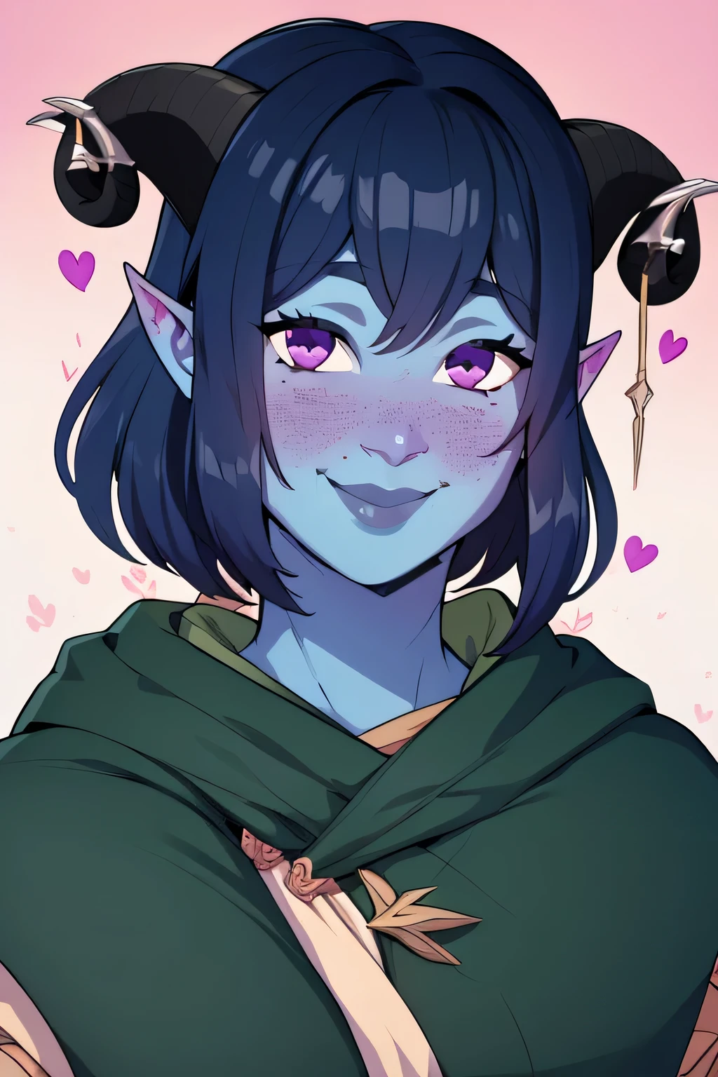 masterpiece, best quality, 1girl, jesterlavorre, blue hair,  purple eyes, blue skin, freckles, colored skin, horns, pointy ears, closeup, tiefling, smile, looking at viewer, solo, mischievous smile, 