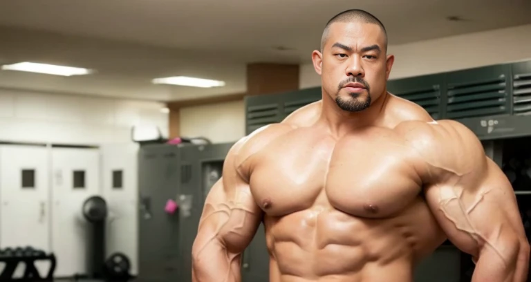 (glaring naked bodybuilder:1.4), (at locker room:1.4), 40's, (Japanese face:1.4), (Korean face:1.4), (Chinese face:1.4), (Taiwanese face:1.4), manly face, fat face, (round face:1.4), (monolid eyes:1.2), (buzz cut:1.5), very large and strong body, bulky body, beefy muscles, (bulging muscles:1.4), (very large pectoral muscles:1.4), (muscular arms:1.4), muscular abs, muscular legs, muscular back, bright oily skin, (realistic:1.2), distant view