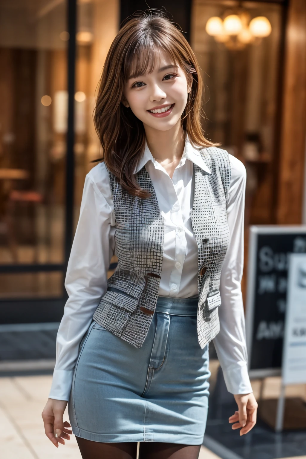 ulzzang-6500-v1.1, (Raw photo:1.2), (Photoreal),(genuine: 1.4), (muste piece), highest quality, shape, Super detailed, finely, High resolution, 8k wallpaper, 完璧なダイナミックな構shape, beautiful and detailed eyes, (plaid vest), , harsh trial, (super realistic pantyhose:1.2), skirt and thick medium hair,, natural color lip, bold sexy pose, (very affectionate smile:1.2)、23 year old girl、cute、sexy shot looking at camera, realistic skin texture、shiny skin、exposed thighs!!! (full body shot:1.3),