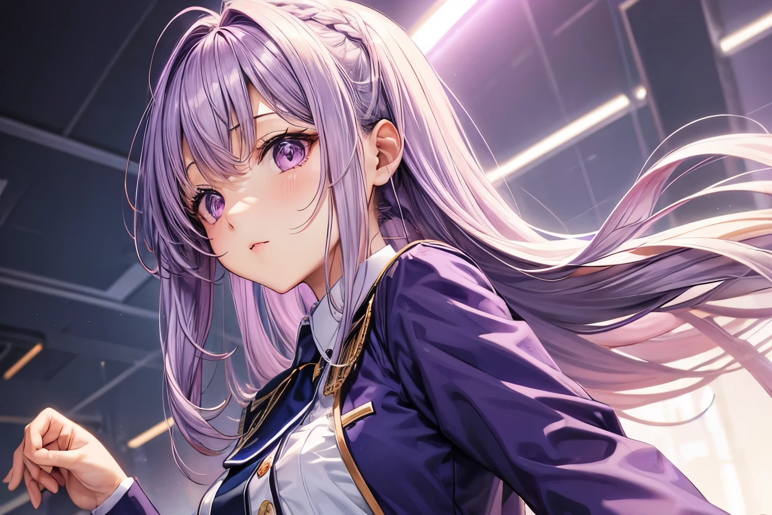 Light Purple Uniform、Hair disheveled、background,All light purple、backgroundが明るい、