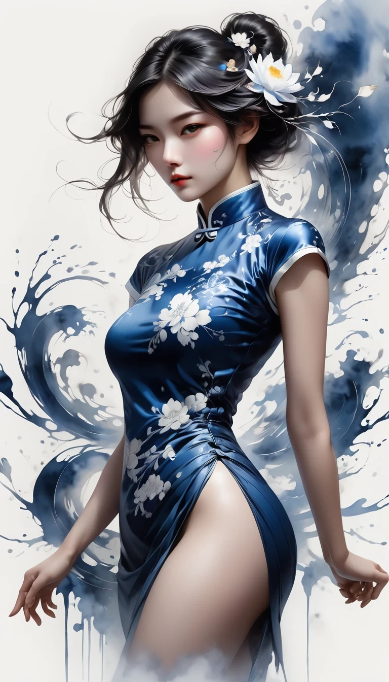 Chinese Taoist Elements,(pencil_sketch:1.2, messy lines, Grayscale, traditional media, sketch),Blue and white porcelain cheongsam, Black and white Yin Yang Tai Chi background, Gangster girl, backlight, Deep shadows, silhouette light, Charming suit cheongsam design, minimalist style, Tai Chi, Yin Yang style, ink splash style background., chiaroscuro, glowing light, backlighting, Motion line, Carl Larson, ultra high definition, anatomically correct, masterpiece, retina, ultra high definition, masterpiece