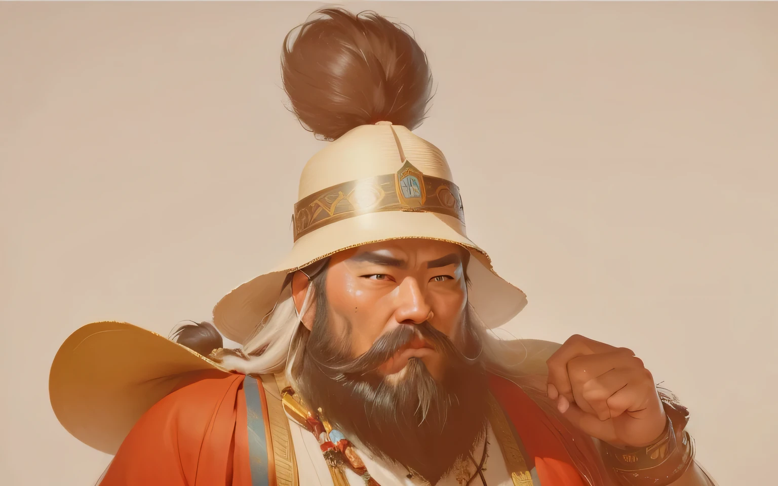 There is one with a beard、man wearing hat, Genghis Khan, photo of , Mongol, Nalanbato Gumbold, Guan yu, Inspired by Hu Zaobin, ancient Mongolian elon musk, Emperor Xuande, bian lian, Inspired by Dong Yuan, Kim Young-ki, Inspired by Li Cheng, Kim Young-kiu