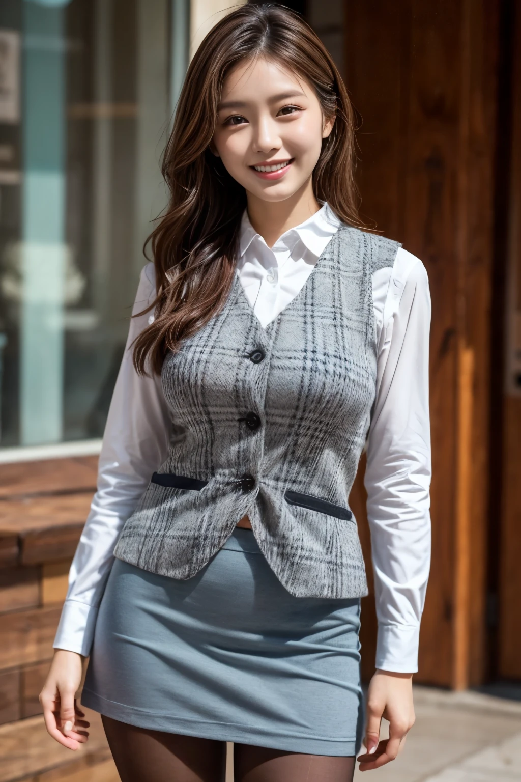 ulzzang-6500-v1.1,  (Raw photo:1.2), (Photoreal),(genuine: 1.4), (muste piece), highest quality, shape, Super detailed, finely, High resolution, 8k wallpaper, 完璧なダイナミックな構shape, beautiful and detailed eyes, (plaid vest), , harsh trial, (super realistic pantyhose:1.2), skirt and thick medium hair,, natural color lip, bold sexy pose, (very affectionate smile:1.2)、23 year old girl、cute、sexy shot looking at camera, realistic skin texture、shiny skin、exposed thighs!!! (full body shot:1.3),