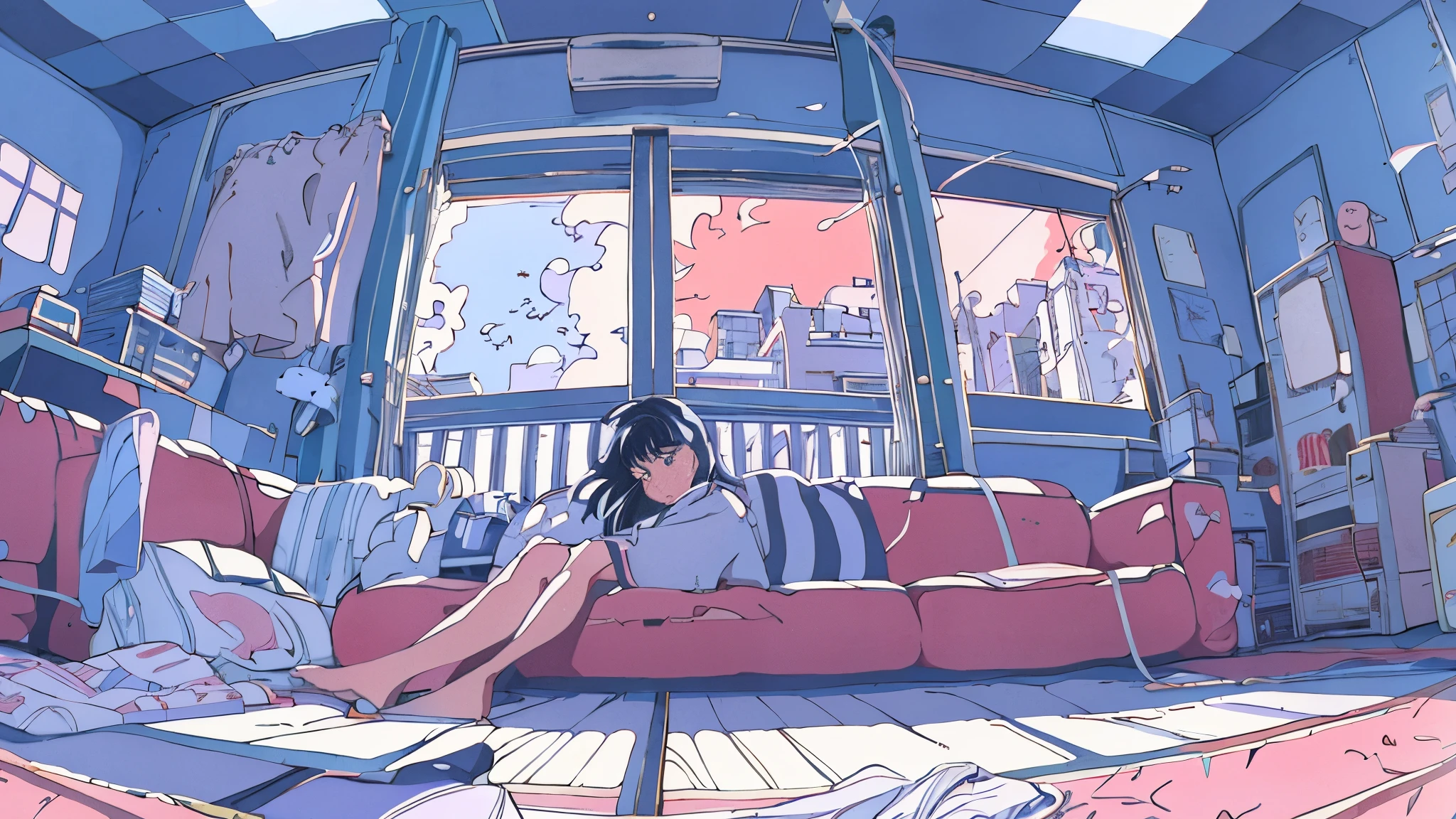 In a nostalgic tribute to 1990s anime, crafted by the renowned artist Takehiko Inoue, this cel animation masterpiece captures the essence of vintage hand-drawn animation. Set on a sunny day, the scene comes alive as the clouds gracefully drift across the sky. A young girl lies lazily on a cozy sofa, her gaze fixed on the world outside. The room features a large window, allowing the vibrant Japanese 90s cityscape to seep in, while a retro wave of nostalgia washes over the viewer. The image is adorned with a subtle noise filter, adding a touch of authenticity to the noisy yet captivating aesthetic. Every detail is meticulously rendered, from the delicate expressions on the girl's face to the neat lines that
