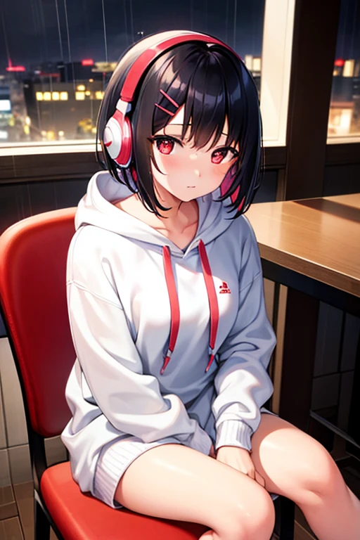 Highest image quality、8K、The moment my lover caused a miracle、Amazing visuals、Professional effects woman、full body、full body photo of woman、Big Red Eyes、black hair、short hair、(Two red hairpins)、13 years old、1 female、red face、shy、(Wearing headphones)、Wearing a white hoodie、Sitting on a chair in a café、There are some books on the desk.、It's night outside、It&#39;s raining、The hair inside is colored、mole under eye、Super detailed、high detail