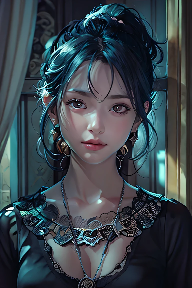 1girl, arms up, black choker, black shirt, blue hair, choker, chromatic aberration, closed mouth, collarbone, cross, cross necklace, grey background, hair between eyes, jewelry, long hair, looking at viewer, necklace, red eyes, shirt, short sleeves, solo, straight hair, t-shirt, upper body, masterpiece, best quality, realistic, highres, official art, extremely detailed cg unity 8k wallpaper