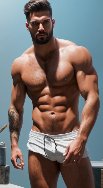 a handsome guy, 16k, Ultra HD, HDR, (artwork: 1.5), (Best quality: 1.5), beautiful face, Shirtless, shiny hair, (high detailed skin: 1.2), (Best quality: 1. 5 ), full body, muscular, fit, hairy, very muscular male body, intricate, highly detailed, art station, sharp focus, illustration, detailed, HDR. --air 9:16, Alone, Backlit, (glow effects:1. 1), (by Anne Stokes), 16k, Ultra HD, HDR, (artwork:1. 5), (Best quality:1. 5), Candid Cinema RAW, 16mm, ((graded color 400 portra film)) ((remarkable color)), (ultra realistic), textured skin, remarkable detailed pupils, ((realistic dull skin noise)), ((detail visible skin)), ((skin fuzz)), (dry skin) shot with cinema camera, digital art, glow effects, hand drawn, r8k, octane rendering, cinema 4d, blender, dark, atmospheric 4k ultra detailed, sensual cinematic, sharp focus, humorous illustration, large depth of field, artwork, colors, 3d octane rendering, conceptual art, trending on art station, hyperrealistic, vivid colors, model shoot style, (extremely detailed CG unity 8k wallpaper),, high detail