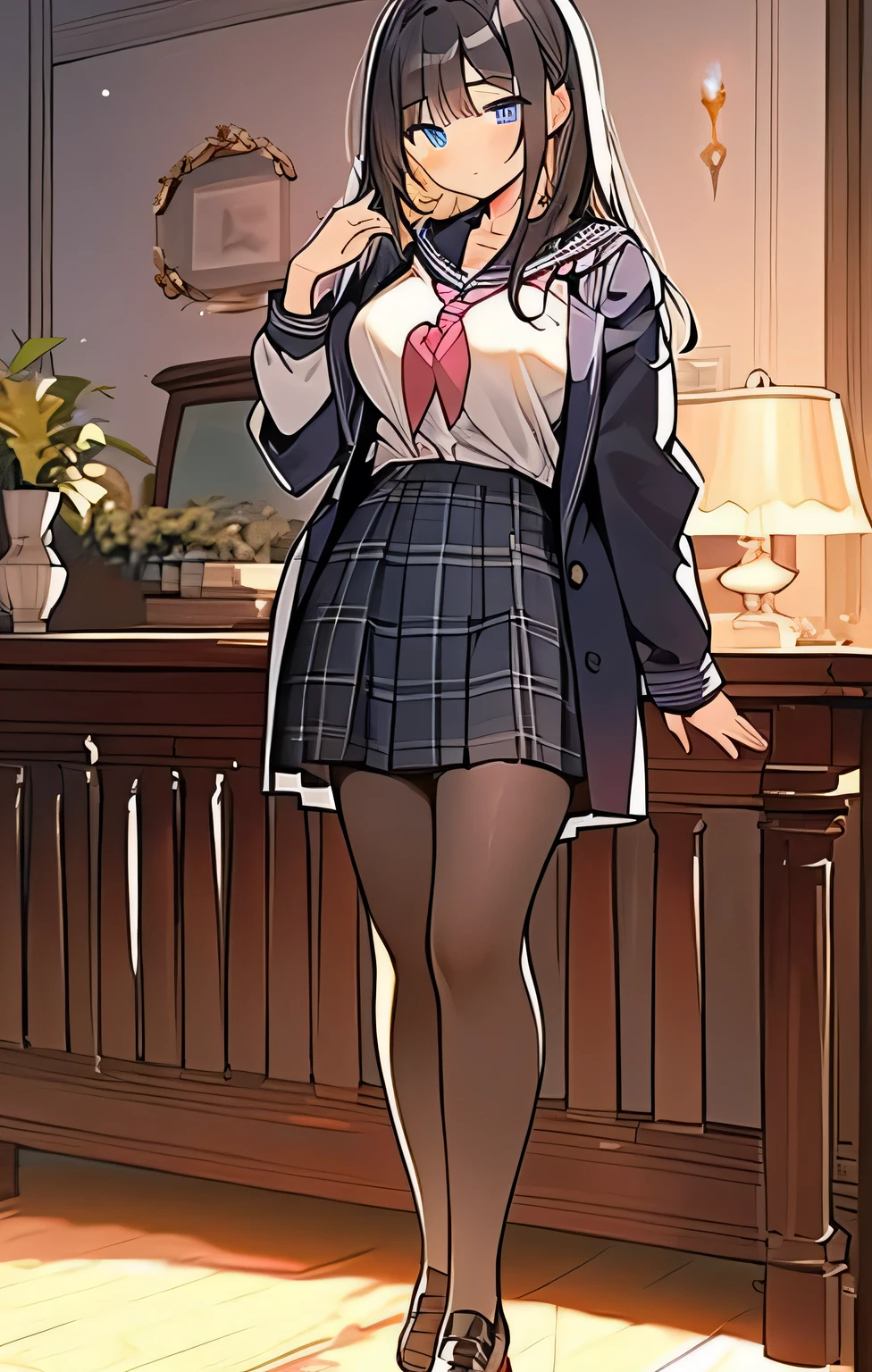 female high school student，long black hair，blue eyes，Aloof Student Council President，black pantyhose，Aloof，full body picture，standing，close range，Big breasts，Aloof，Full picture