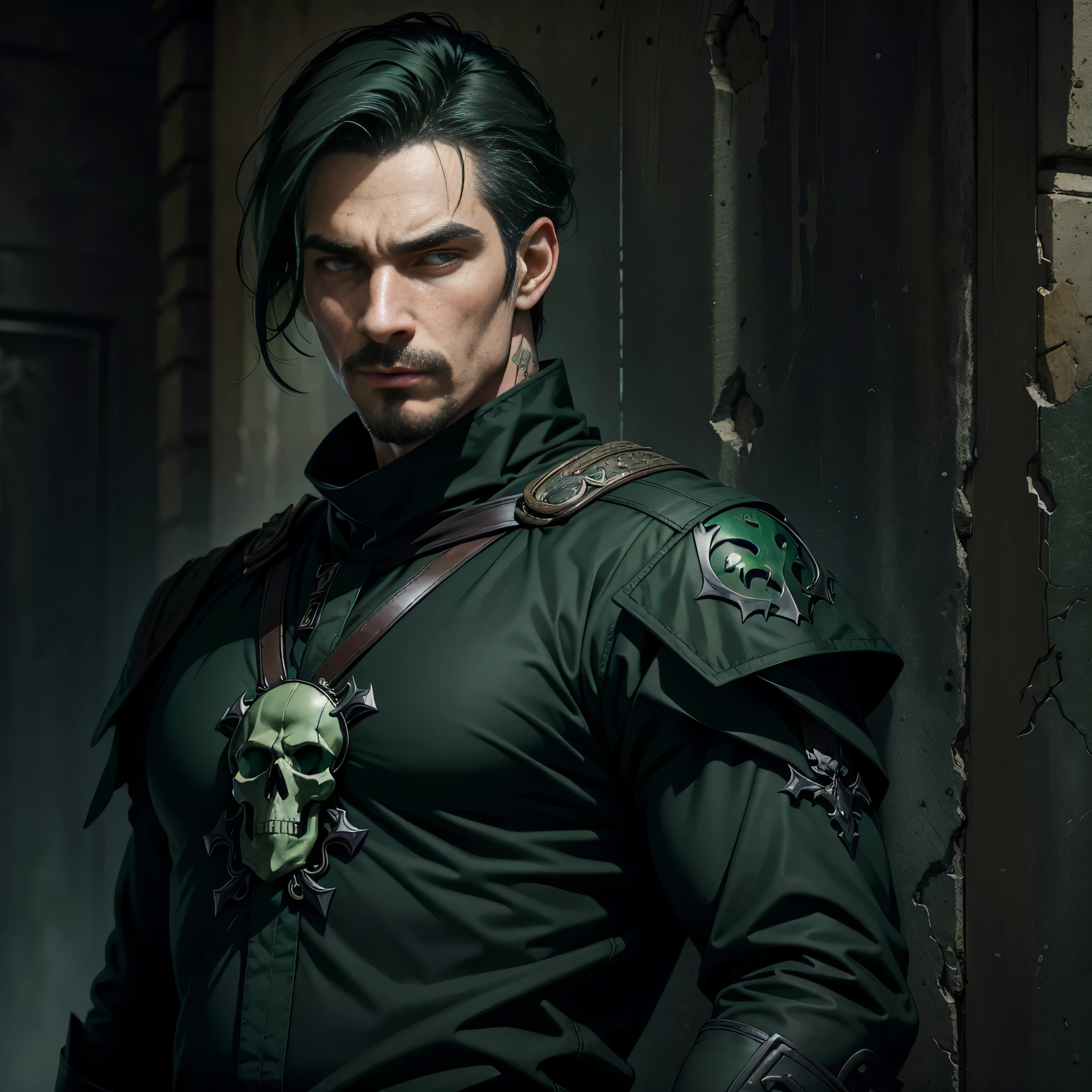 (masterpiece), best quality, expressive eyes, perfect face , solo , 1 men , mature man, dark green hair , he have dark green eyes like the frost , he wearing black and dark green outfit with sun and skull pattern , he pose cool on the wall ,