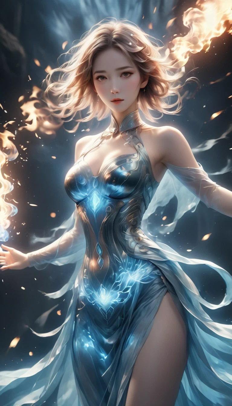 (fire element:1.1),Composed of fire elements,(1个Giant Breast Girl:1.2),on fire,transparency,hot,(molten rock),Flame skin,Flame print,hot hair,smokes,Cloud,felling,,a girl wrapped in flames, Flames rise and sparkle,burning hands,Translucent glow,Highly realistic,beautiful pose,transparency,Sci-fi light effects,(Luminous circuit board:1.6),Long blue,