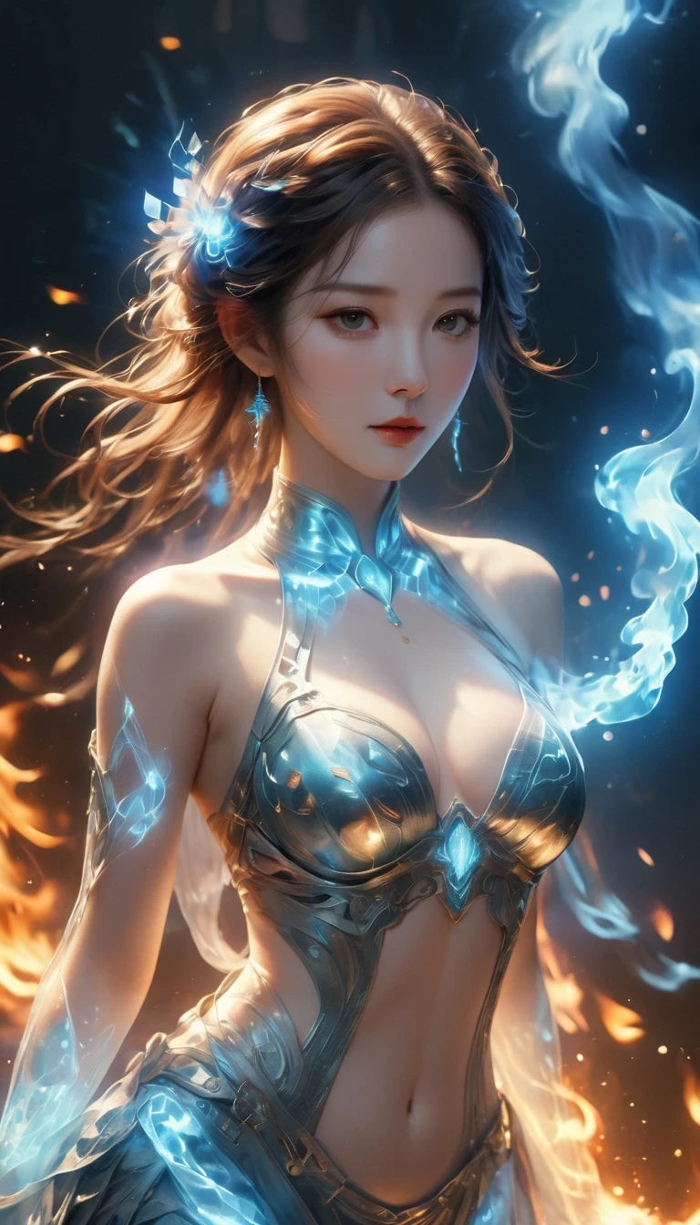 (fire element:1.1),Composed of fire elements,(1个Giant Breast Girl:1.2),on fire,transparency,hot,(molten rock),Flame skin,Flame print,hot hair,smokes,Cloud,felling,,a girl wrapped in flames, Flames rise and sparkle,burning hands,Translucent glow,Highly realistic,beautiful pose,transparency,Sci-fi light effects,(Luminous circuit board:1.6),Long blue,