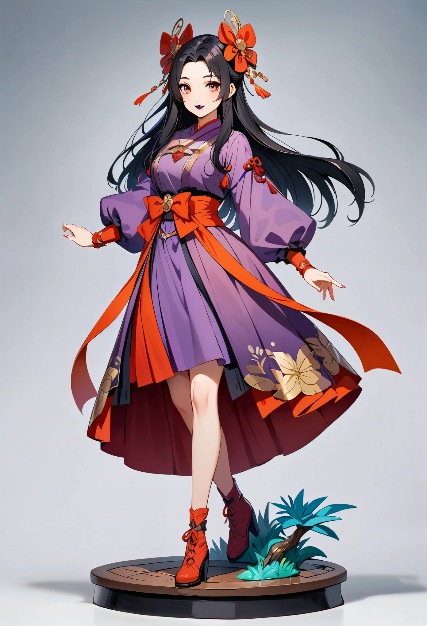 A beautiful Chinese girl with long black hair, wearing purple Hanfu and red accessories on her head, is a doll like figure in full body photography with very detailed facial features and character. She has dark eyes, dark lips, exquisite makeup, and a smile in the style of dark lipstick. 