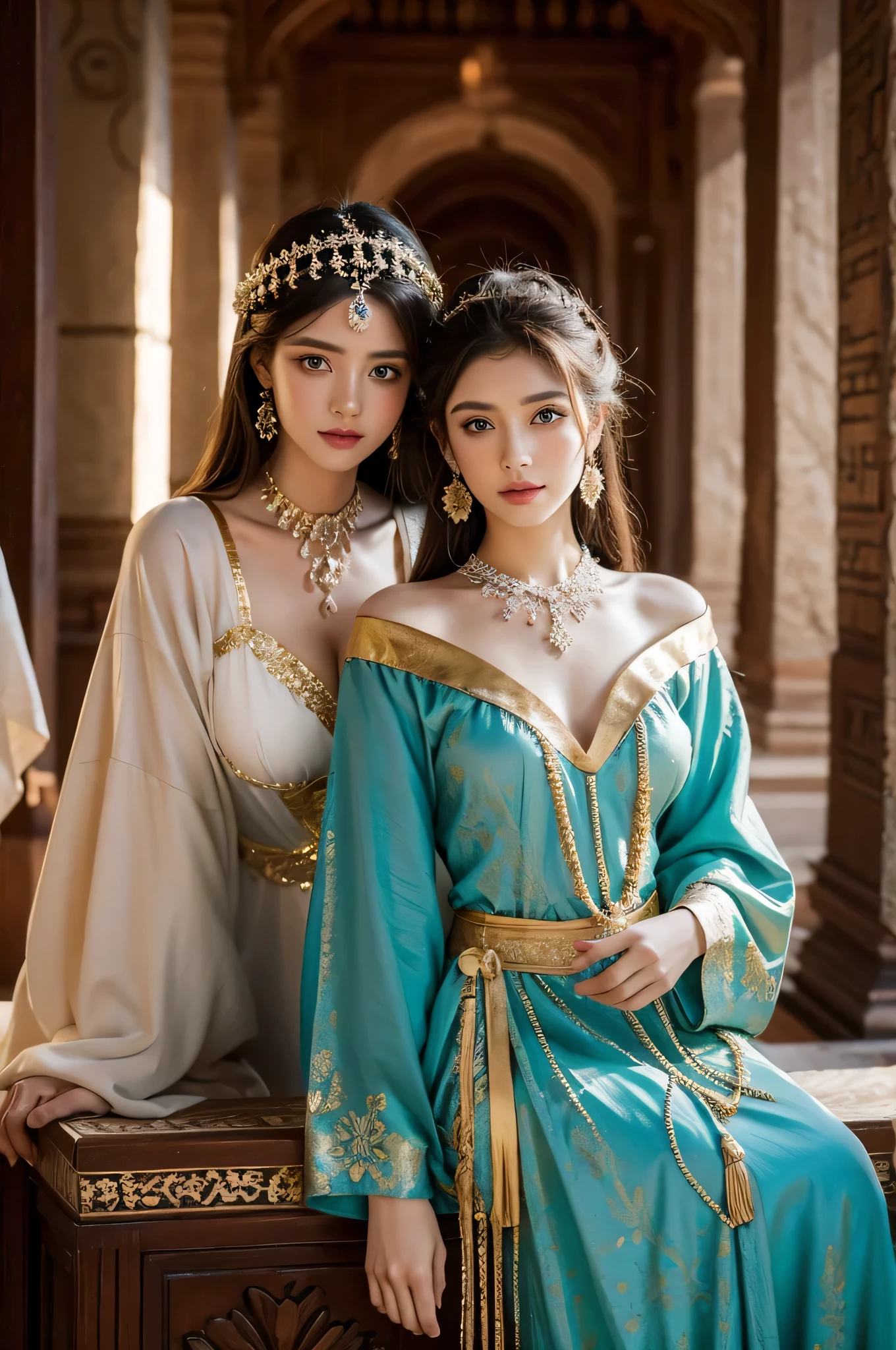 2 girls kneel,duo,top-quality、Extremely Delicately Beautiful、(Strange blue and red eyes)、arabian clothes 、silber hair、femele、((Brown skin)),Front lens,(Close-up Shot Shot:1.6),best qualtiy,f / 1 HD photography T bokeh,Depth of field Macro,