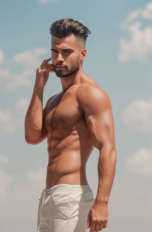 a handsome guy, 16k, Ultra HD, HDR, (artwork: 1.5), (Best quality: 1.5), beautiful face, Shirtless, shiny hair, (high detailed skin: 1.2), (Best quality: 1. 5 ), full body, muscular, fit, hairy, very muscular male body, intricate, highly detailed, art station, sharp focus, illustration, detailed, HDR. --air 9:16, Alone, Backlit, (glow effects:1. 1), (by Anne Stokes), 16k, Ultra HD, HDR, (artwork:1. 5), (Best quality:1. 5), Candid Cinema RAW, 16mm, ((graded color 400 portra film)) ((remarkable color)), (ultra realistic), textured skin, remarkable detailed pupils, ((realistic dull skin noise)), ((detail visible skin)), ((skin fuzz)), (dry skin) shot with cinema camera, digital art, glow effects, hand drawn, r8k, octane rendering, cinema 4d, blender, dark, atmospheric 4k ultra detailed, sensual cinematic, sharp focus, humorous illustration, large depth of field, artwork, colors, 3d octane rendering, conceptual art, trending on art station, hyperrealistic, vivid colors, model shoot style, (extremely detailed CG unity 8k wallpaper),, high detail