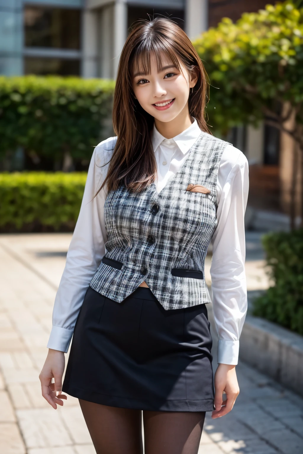 ulzzang-6500-v1.1,  (Raw photo:1.2), (Photoreal),(genuine: 1.4), (muste piece), highest quality, shape, Super detailed, finely, High resolution, 8k wallpaper, 完璧なダイナミックな構shape, beautiful and detailed eyes, (plaid vest), , harsh trial, (super realistic pantyhose:1.2), skirt and thick medium hair,, natural color lip, bold sexy pose, (very affectionate smile:1.2)、23 year old girl、cute、sexy shot looking at camera, realistic skin texture、shiny skin、exposed thighs!!! (full body shot:1.3),