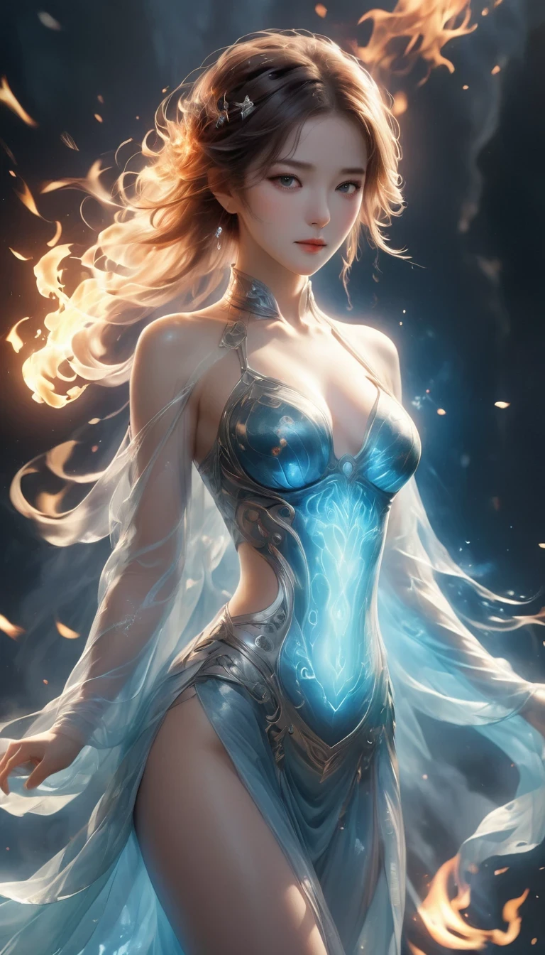 (fire element:1.1),Composed of fire elements,(1个Giant Breast Girl:1.2),on fire,transparency,hot,(molten rock),Flame skin,Flame print,hot hair,smokes,Cloud,felling,,a girl wrapped in flames, Flames rise and sparkle,burning hands,Translucent glow,Highly realistic,beautiful pose,transparency,Sci-fi light effects,(Luminous circuit board:1.6),Long blue,