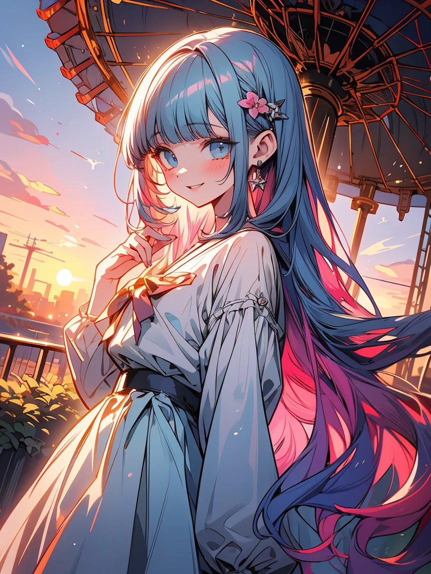 (masterpiece, best quality, extremely detailed, absurdres)), masterpiece, best quality, extremely detailed, (((light blue long hair))), long hair cute anime faces, detailed light, parted lips, shiny, beautiful detailed face, long hair, pale long hair, smile, looking at viewer, jewelry, lips, beautiful, expressive face, 1girl, solo, flat chest, blush, blunt bangs , super fine illustration, 8k wallpaper, (photo background: 1.3), beautiful, (vivid: 1.4), colorful lighting, breathtaking beauty, breathtaking art, (anime style: 1.3),
urban exploration, decay,full body, nature reclaiming, plant growth,evening, sunset,
An abandoned amusement park at dusk, with rusting roller coasters and silent merry-go-rounds, creating a hauntingly beautiful yet eerie scene 、smile, happy、In an anime style, 1girl, wearing plain white shirt, denim shorts, garter belts, city, absurdres, high res, ultrasharp, 8K, masterpiece, looking at viewer、ruins of an amusement park,masterpiece, best quality, extremely detailed, anime, full boy shot,, ****ta, beautiful, body is transparent, translucent body, ruins of an amusement park, a rusted Ferris wheel, a rotten merry-go-round, a rusted roller coaster, a ground overgrown with weeds, dusk, twilight, sunset, darkness  , 