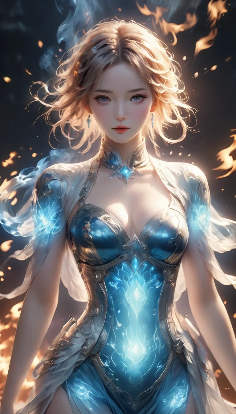(fire element:1.1),Fire Lotus Underfoot,Composed of fire elements,(1个Giant Breast Girl:1.2),on fire,transparency,hot,(molten rock),Flame skin,Flame print,hot hair,smokes,Cloud,felling,,a girl wrapped in flames, Flames rise and sparkle,burning hands,Translucent glow,Highly realistic,beautiful pose,transparency,Sci-fi light effects,(Luminous circuit board:1.6),Long blue,