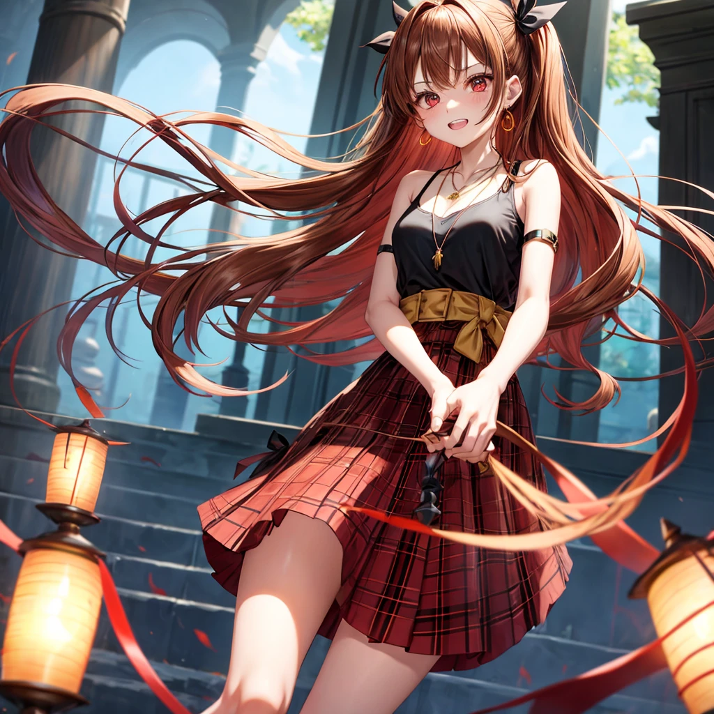 reddish-brown golden hair、red eyes、one good looking girl、solo、anime、plaid mini skirt、black camisole、black t-shirt、dress、wearing a ribbon、ribbon at waist、crystal earrings、jewelry necklace、Light and shadow、tilting one&#39;s face、teeth are visible、pillar、torches、evil looking face、Kuroko、Den-den drum、grassland