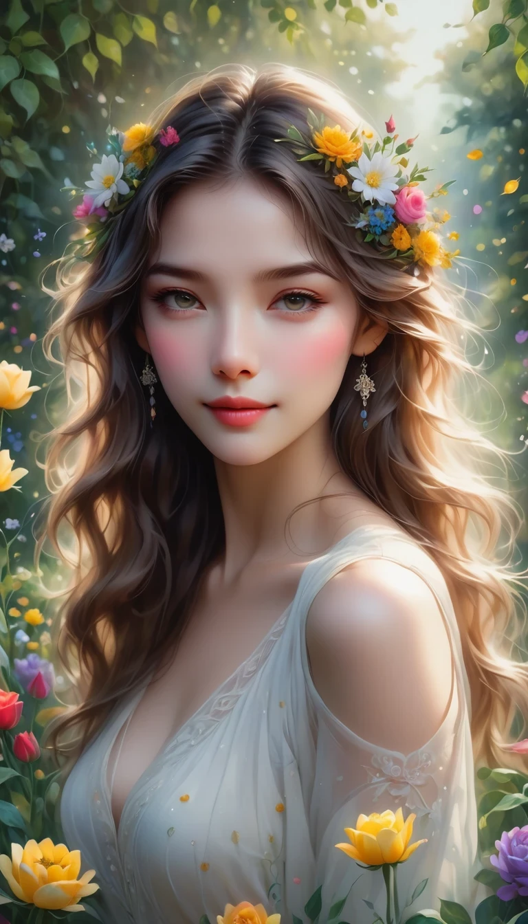 A girl with beautiful eyes and lips stands in a vibrant garden, Surrounded by blooming flowers and lush green trees. she has long eyelashes,Adds a touch of elegance to her face. The garden is full of various colorful flowers, including roses, tulip, and sunflower. The sun shines gently through the leaves, Casting warm and gorgeous light on the scene. The girl is wearing a flowing white dress,dancing in the breeze, Make her look elegant and graceful. She had a happy smile on her face, Radiate happiness and contentment. The overall atmosphere of the work is realistic、Reality, bright colors、Clear focus. Artworks show the beauty of nature,Capturing the essence of a perfect moment. Soft and subtle lighting, create a peace、Quiet feeling. Artwork is of the highest quality, Features ultra-detailed elements,Make every detail of the scene come alive. This is a masterpiece created with great skill and passion..