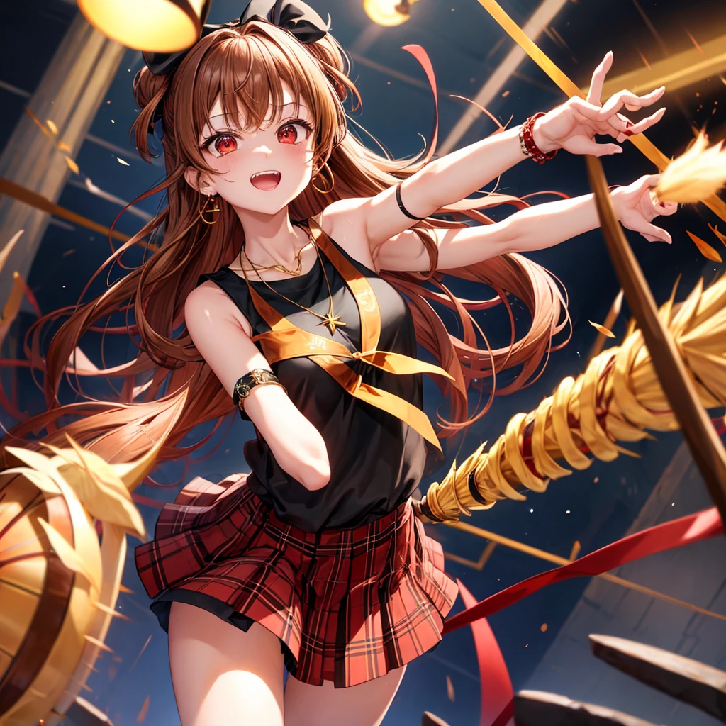 reddish-brown golden hair、red eyes、one good looking girl、solo、anime、plaid mini skirt、black camisole、black t-shirt、dress、wearing a ribbon、ribbon at waist、crystal earrings、jewelry necklace、Light and shadow、tilting one's face、teeth are visible、pillar、torches、evil looking face、Kuroko、Den-den drum、grassland