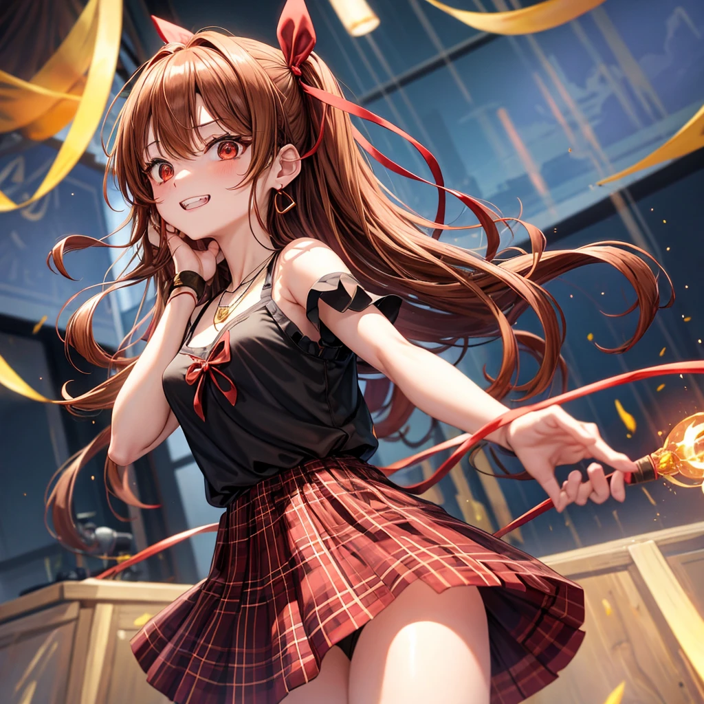reddish-brown golden hair、red eyes、one good looking girl、solo、anime、plaid mini skirt、black camisole、black t-shirt、dress、wearing a ribbon、ribbon at waist、crystal earrings、jewelry necklace、Light and shadow、tilting one's face、teeth are visible、pillar、torches、evil looking face、Kuroko、Den-den drum、grassland