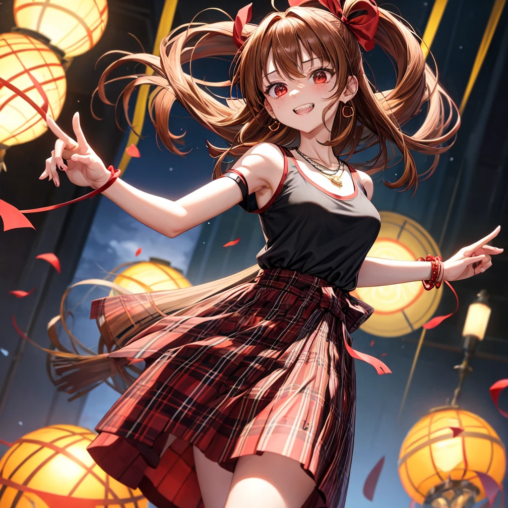 reddish-brown golden hair、red eyes、one good looking girl、solo、anime、plaid mini skirt、black camisole、black t-shirt、dress、wearing a ribbon、ribbon at waist、crystal earrings、jewelry necklace、Light and shadow、tilting one's face、teeth are visible、pillar、torches、evil looking face、Kuroko、Den-den drum、grassland