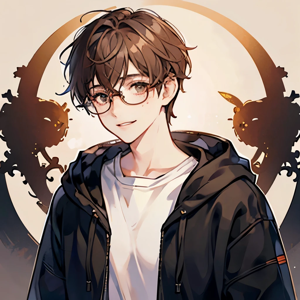 ****ung male, freckles, round glasses, innocent, smile, light brown hair, dark eyes, pale skin, curly hair, childish, cute boy, shy, black hoodie