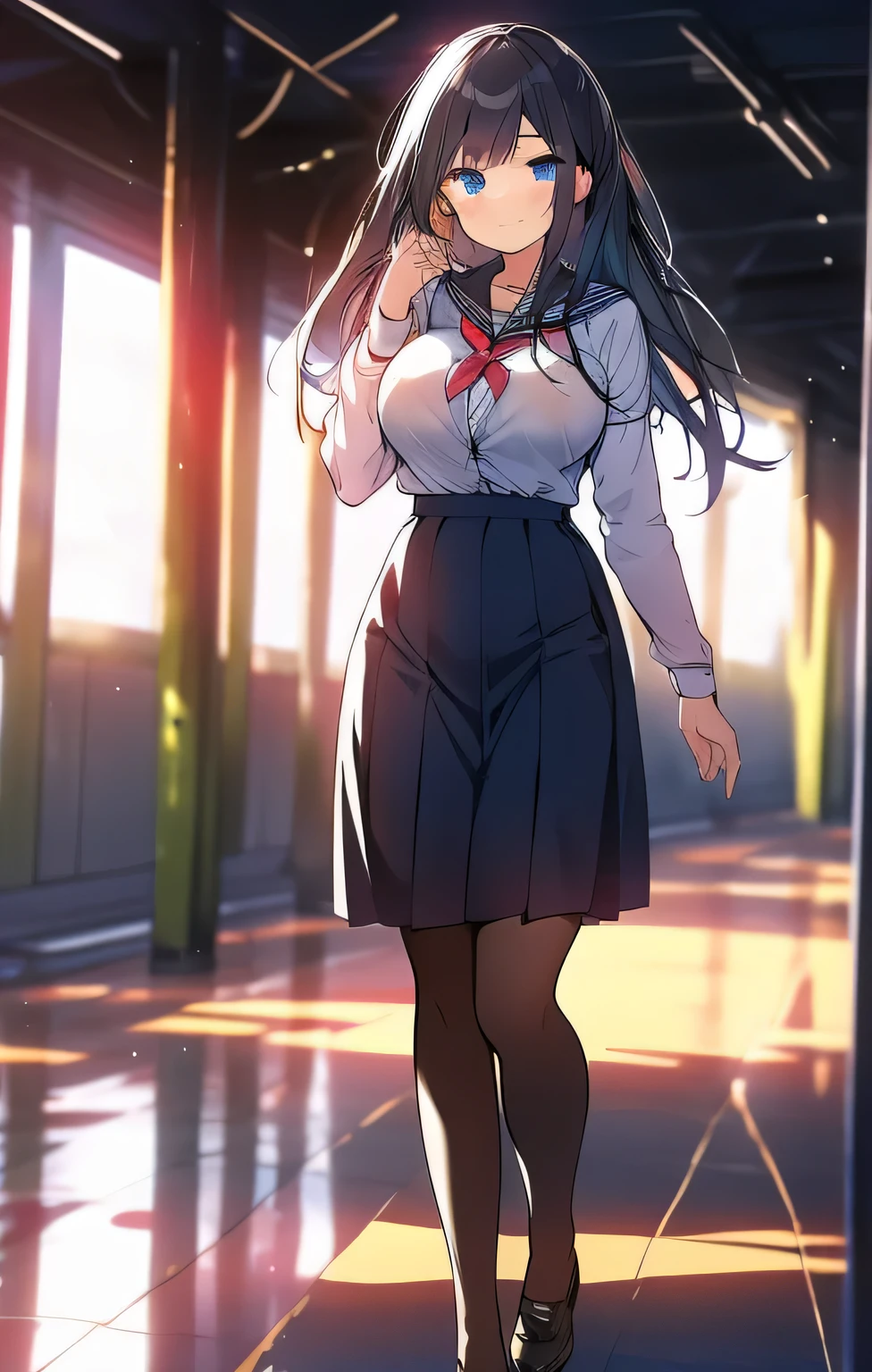 female high school student,long black hair,blue eyes,AloofStudent president,black pantyhose,Aloof,full body picture,standing,Big breasts,Aloof,Full picture,Student president